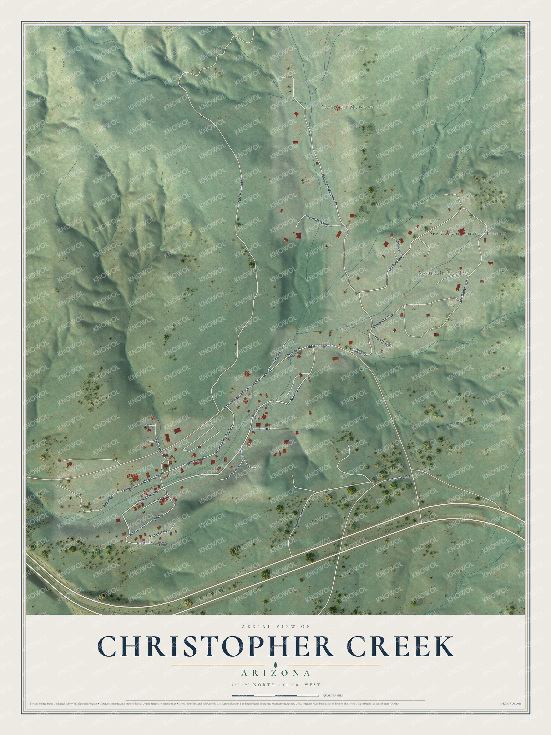 Full map of Christopher Creek, Arizona, with red buildings, printed street names and the land around them