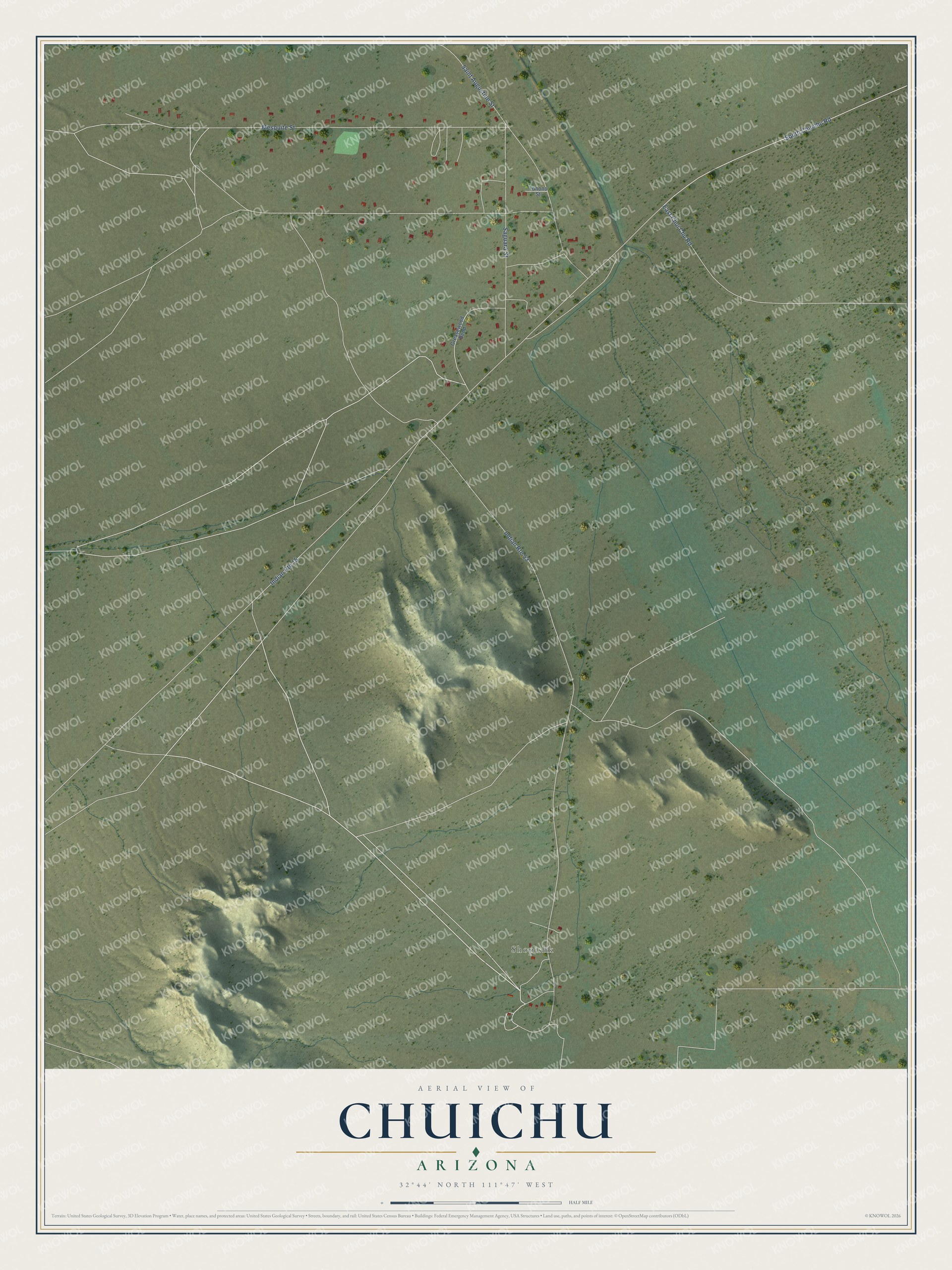 Full map of Chuichu, Arizona, with red buildings, printed street names and the land around them