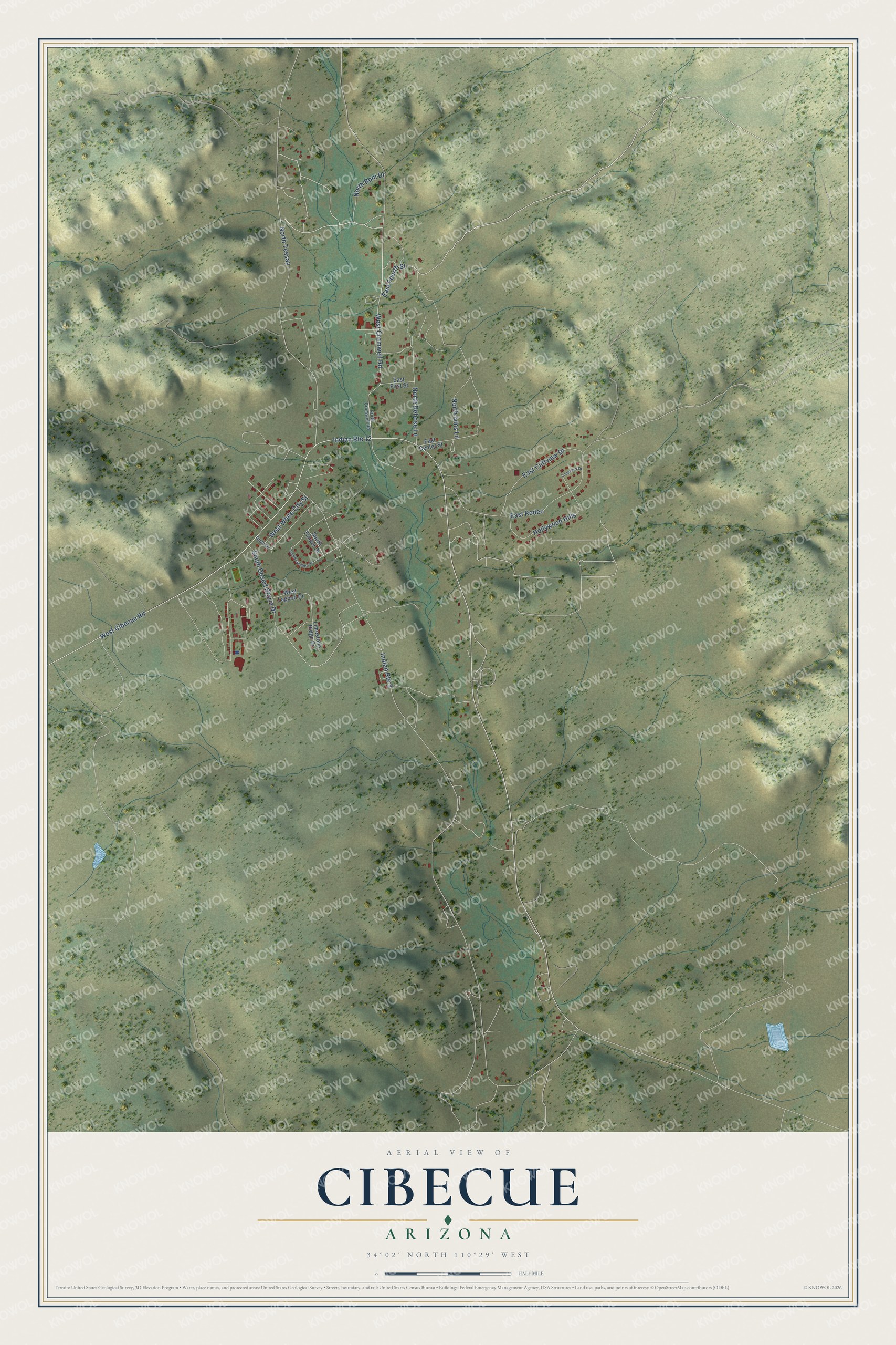 Full map of Cibecue, Arizona, with red buildings, printed street names and the land around them
