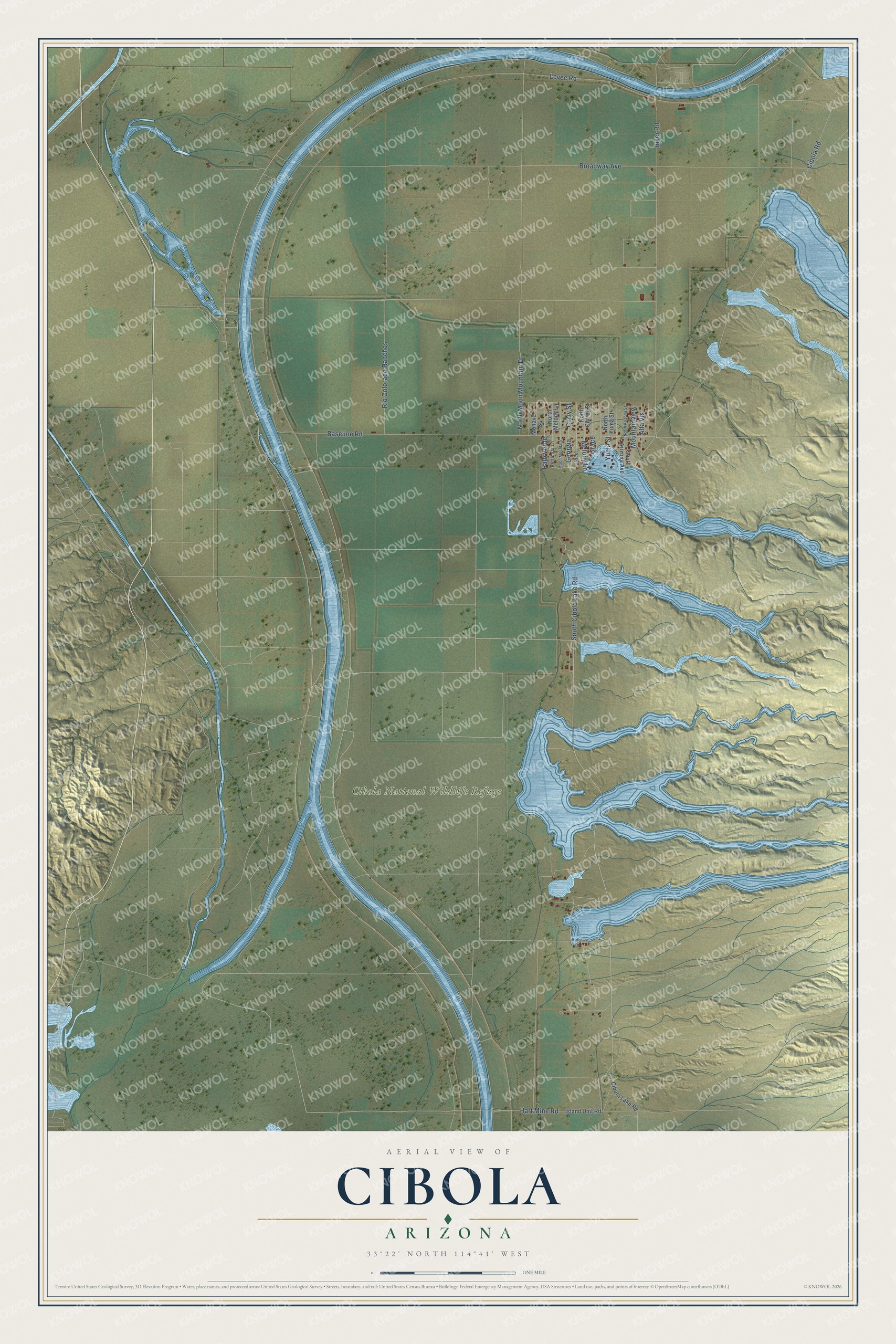 Full map of Cibola, Arizona, with red buildings, printed street names and the land around them