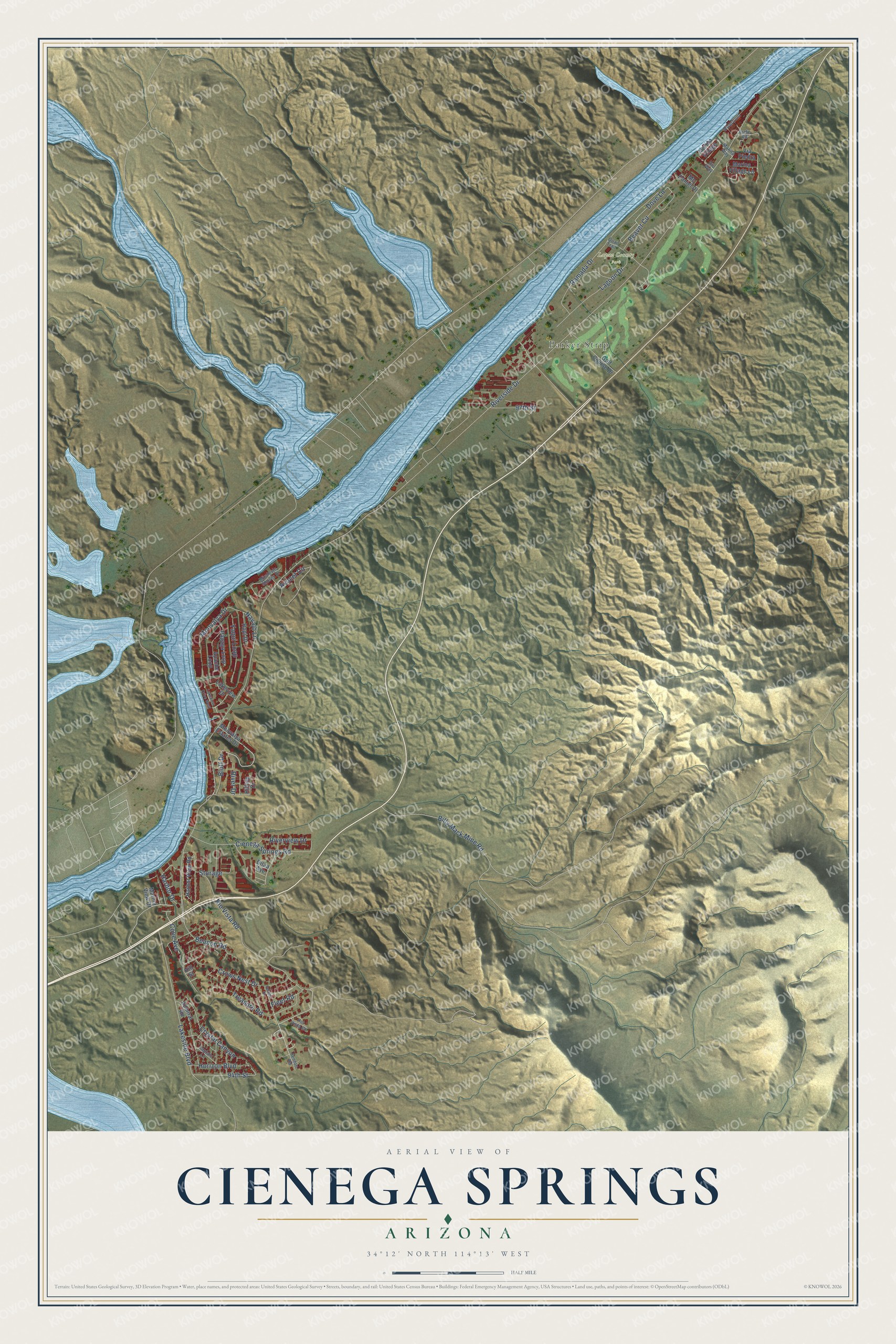 Full map of Cienega Springs, Arizona, with red buildings, printed street names and the land around them