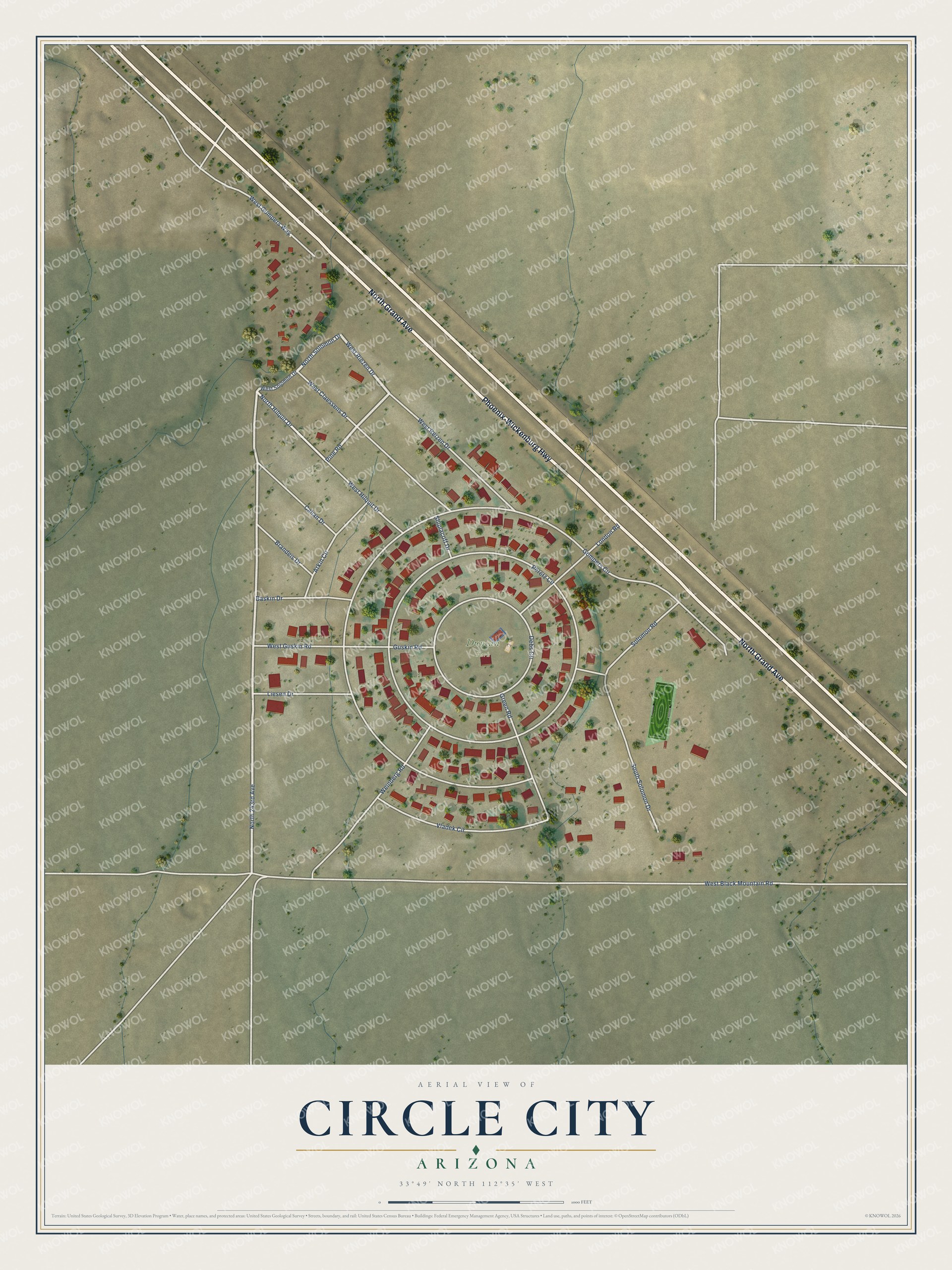 Full map of Circle City, Arizona, with red buildings, printed street names and the land around them