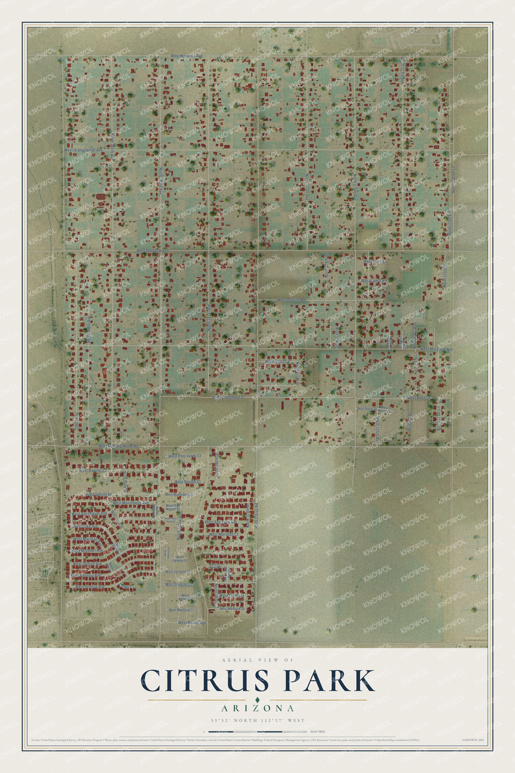 Full map of Citrus Park, Arizona, with red buildings, printed street names and the land around them