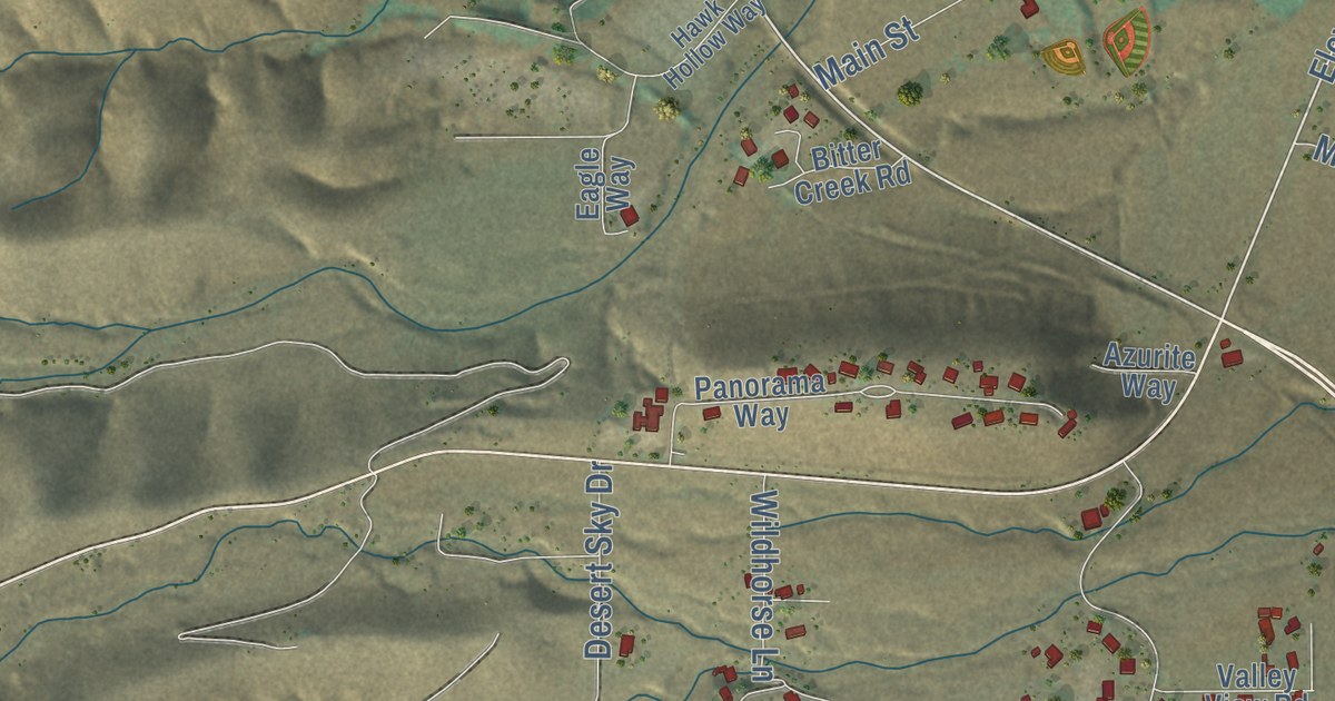 Close-up of streets and buildings in Clarkdale, Arizona