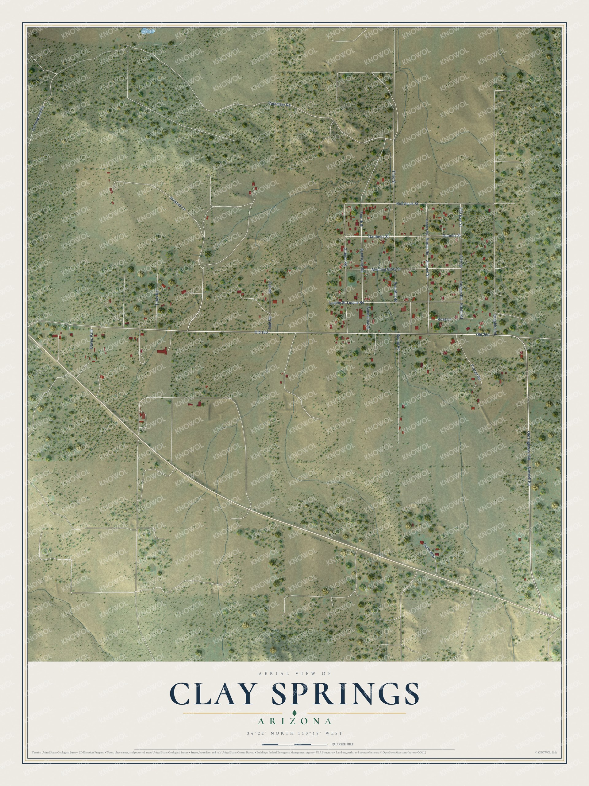 Full map of Clay Springs, Arizona, with red buildings, printed street names and the land around them