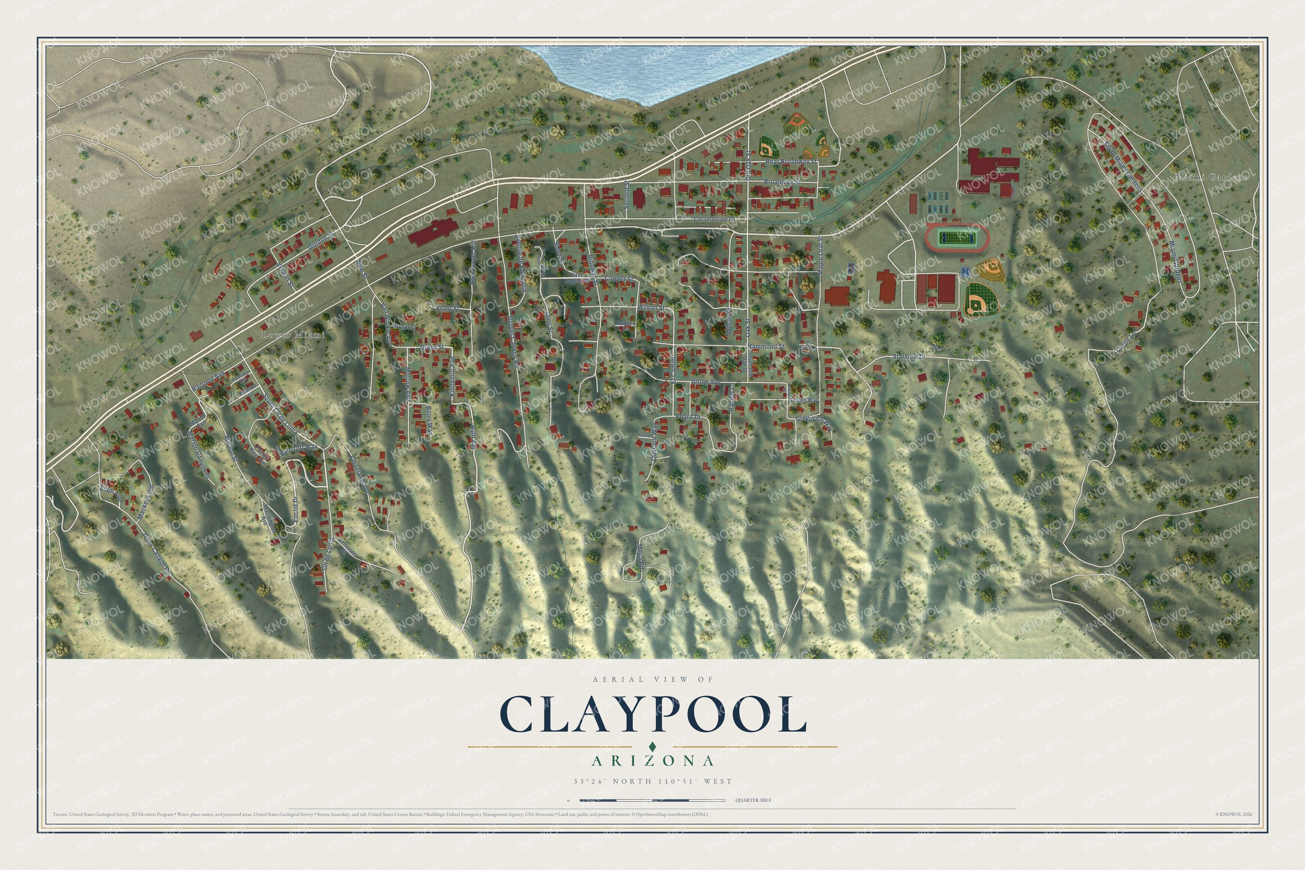 Full map of Claypool, Arizona, with red buildings, printed street names and the land around them