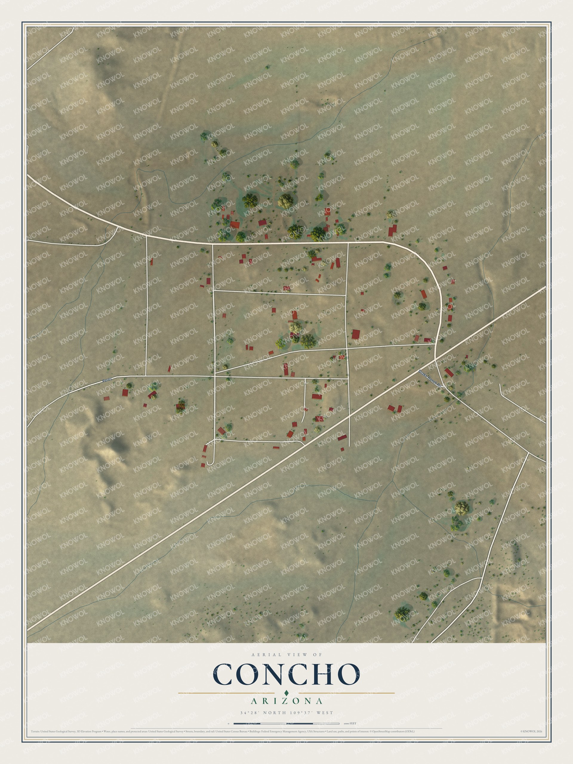 Full map of Concho, Arizona, with red buildings, printed street names and the land around them
