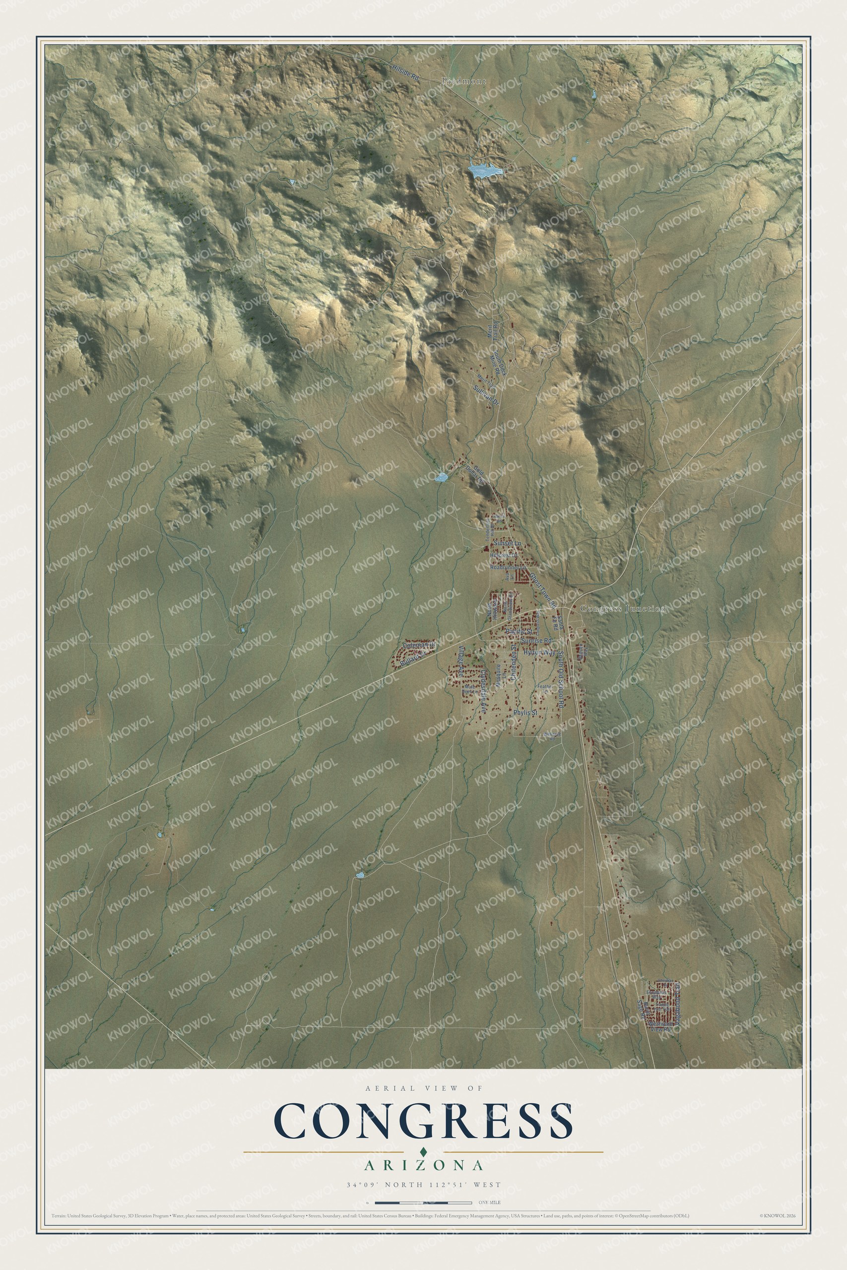 Full map of Congress, Arizona, with red buildings, printed street names and the land around them