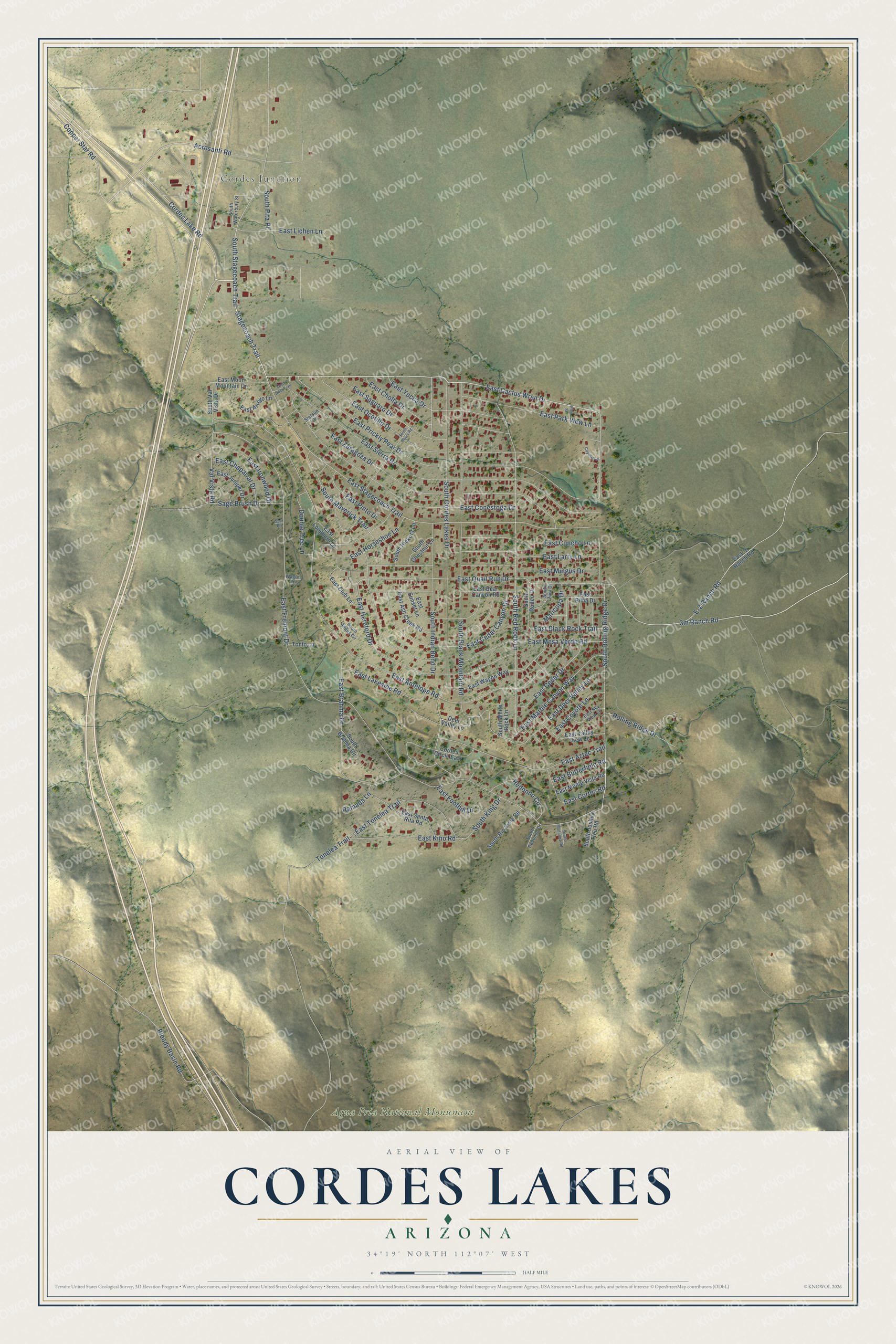 Full map of Cordes Lakes, Arizona, with red buildings, printed street names and the land around them