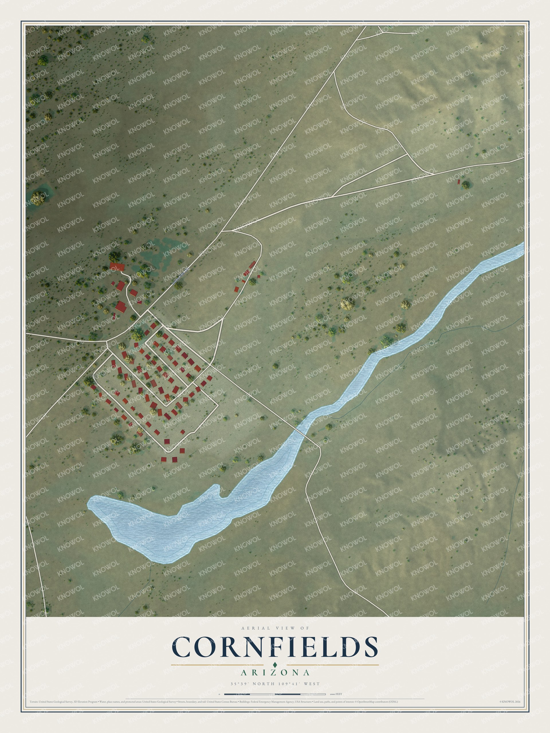 Full map of Cornfields, Arizona, with red buildings, printed street names and the land around them