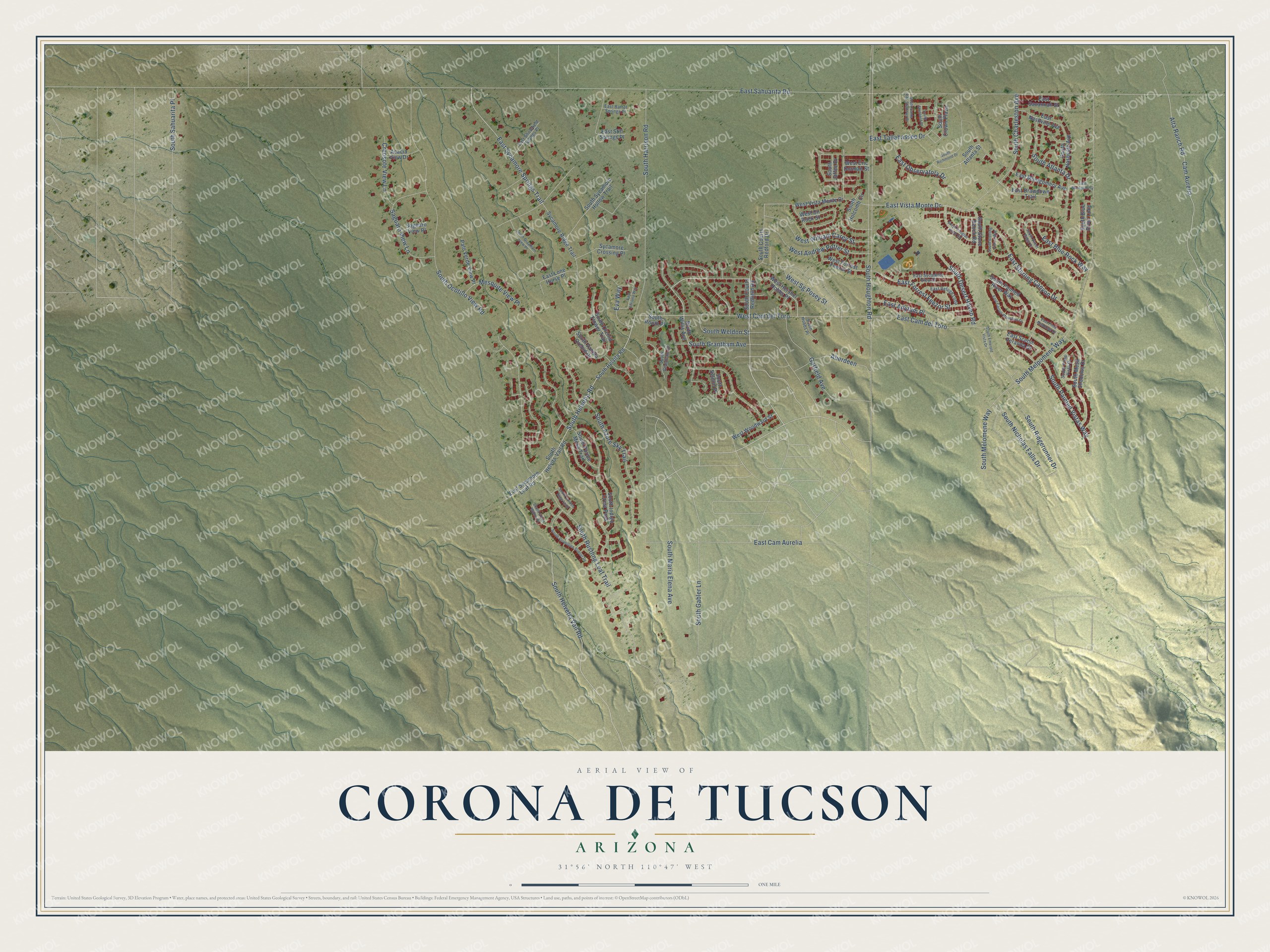 Full map of Corona de Tucson, Arizona, with red buildings, printed street names and the land around them