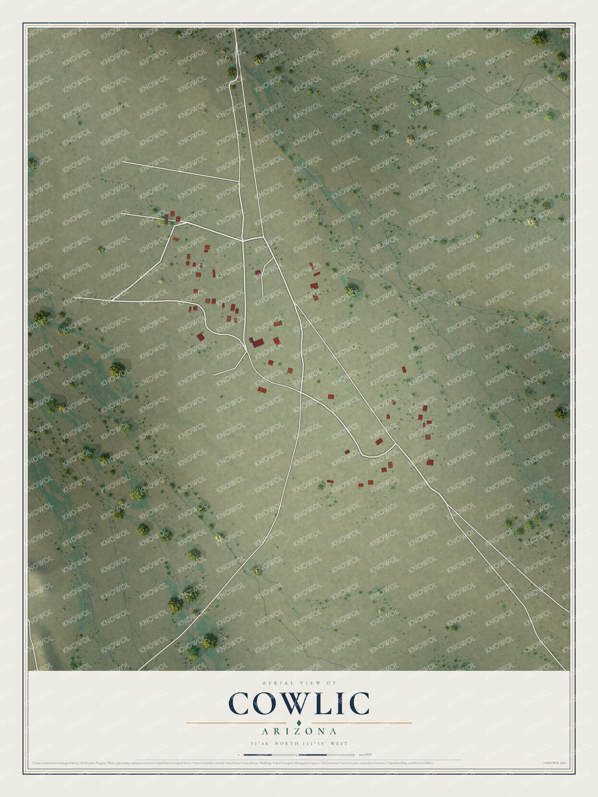 Full map of Cowlic, Arizona, with red buildings, printed street names and the land around them