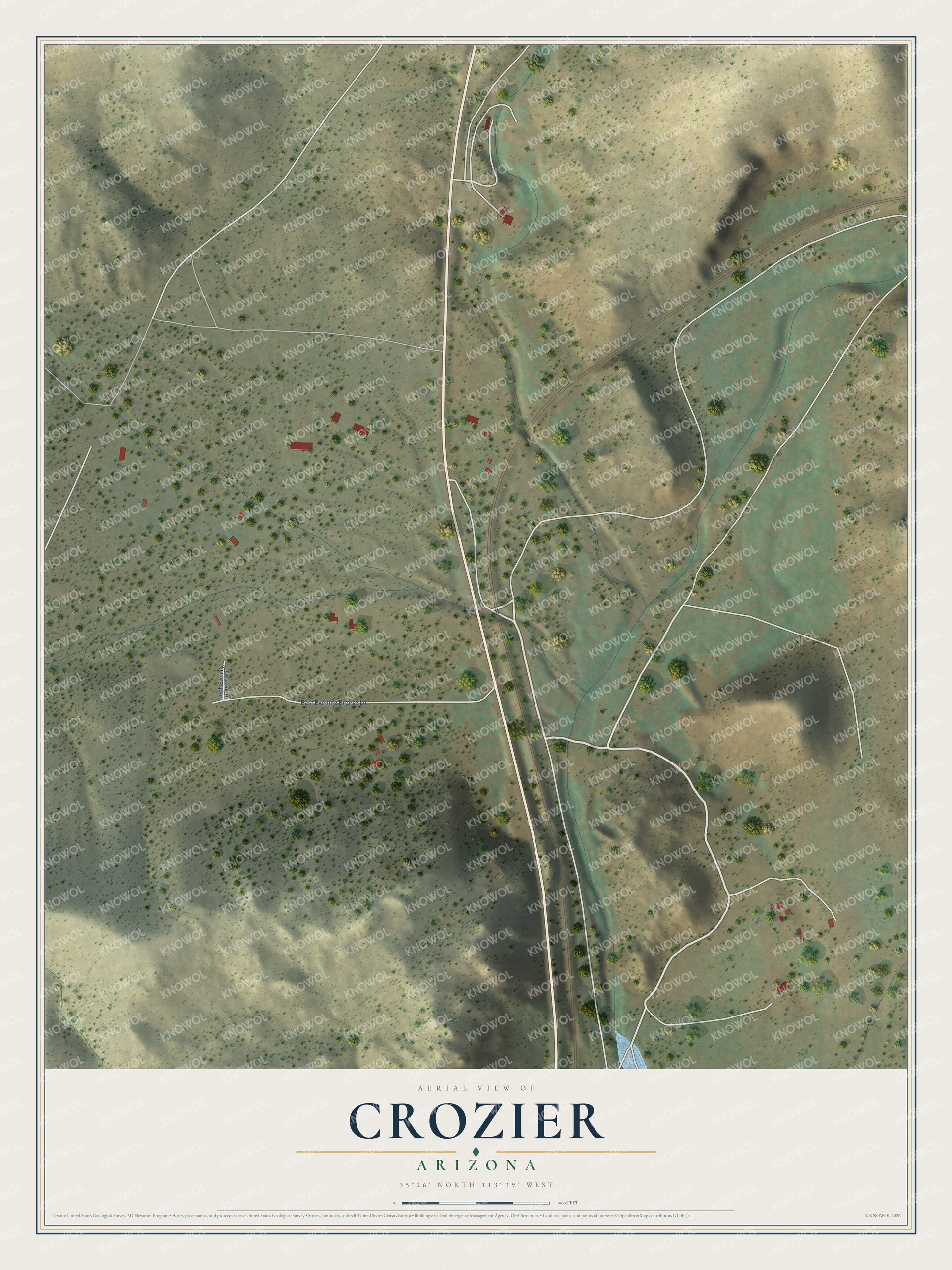 Full map of Crozier, Arizona, with red buildings, printed street names and the land around them