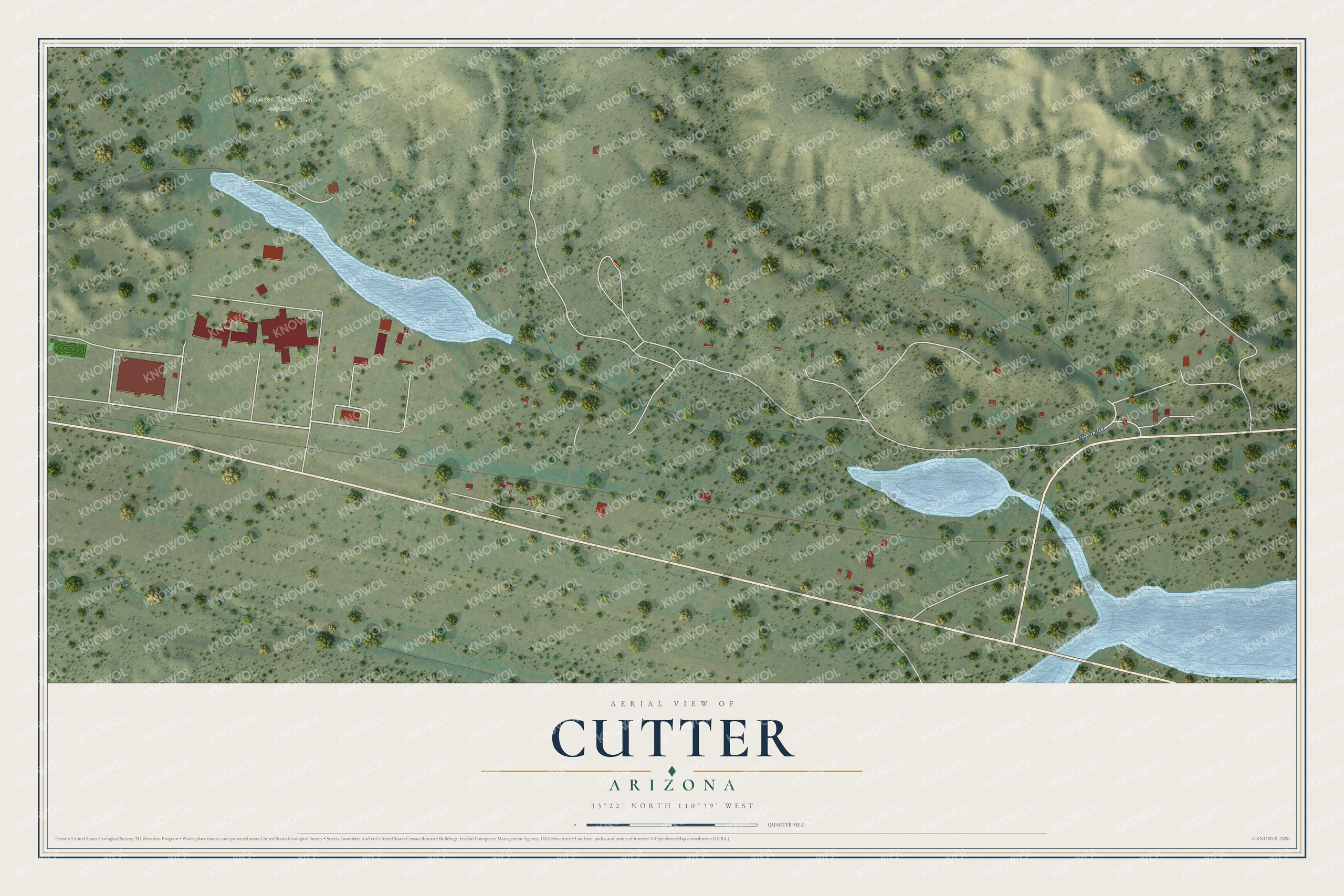 Full map of Cutter, Arizona, with red buildings, printed street names and the land around them
