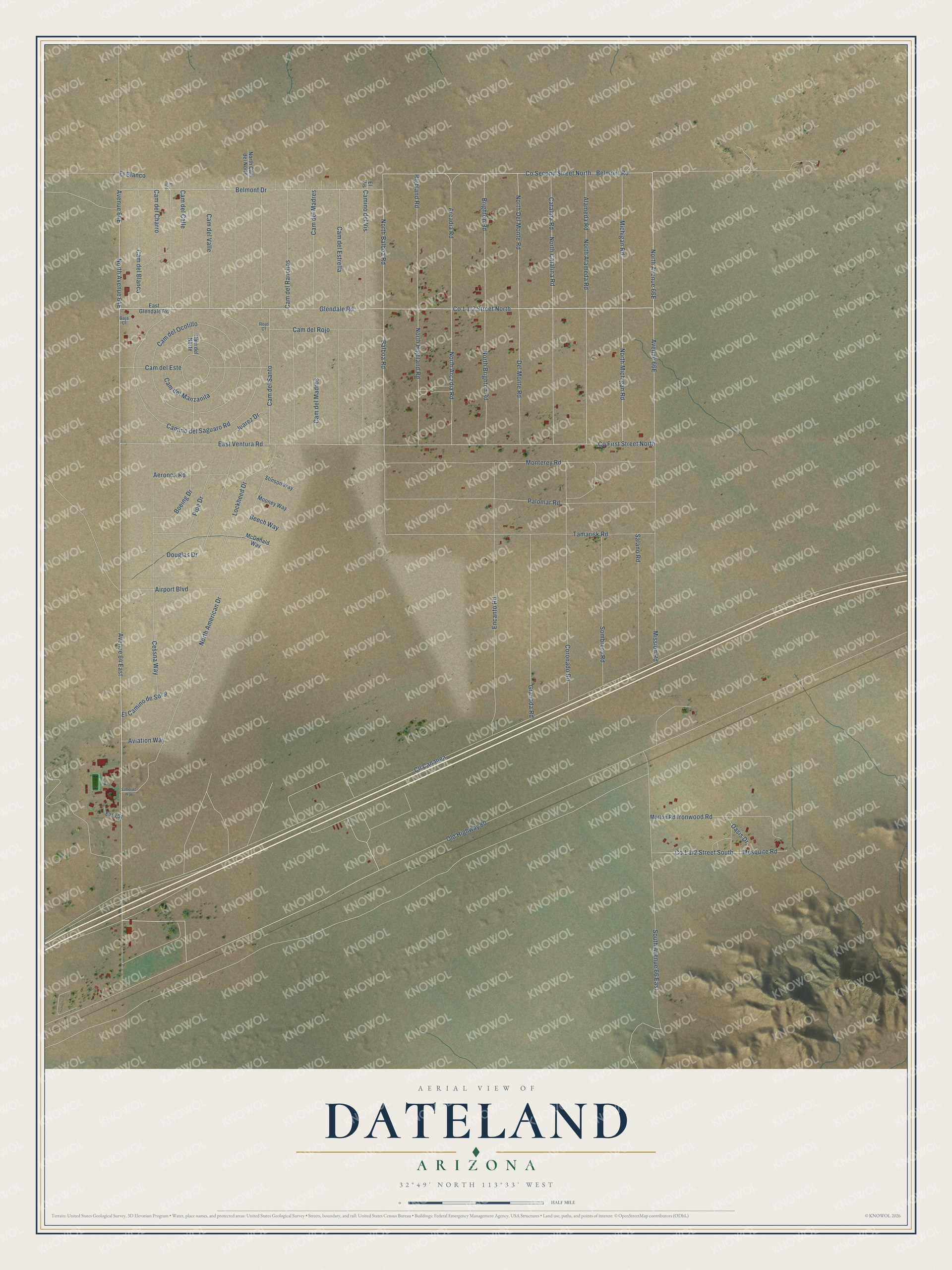 Full map of Dateland, Arizona, with red buildings, printed street names and the land around them