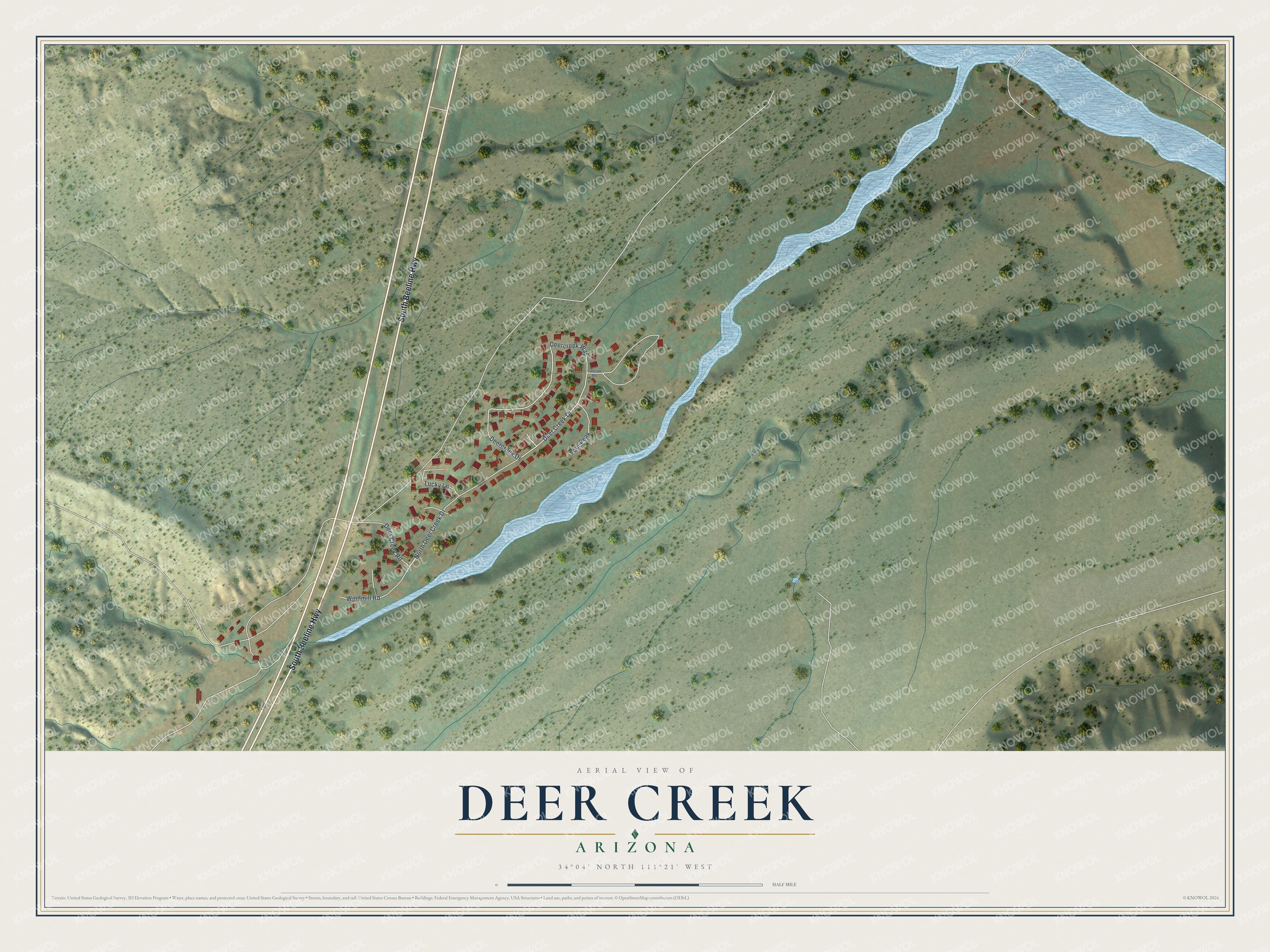 Full map of Deer Creek, Arizona, with red buildings, printed street names and the land around them