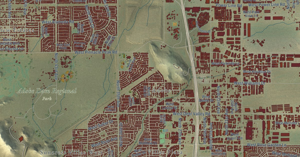 Close-up of streets and buildings in Deer Valley, Arizona