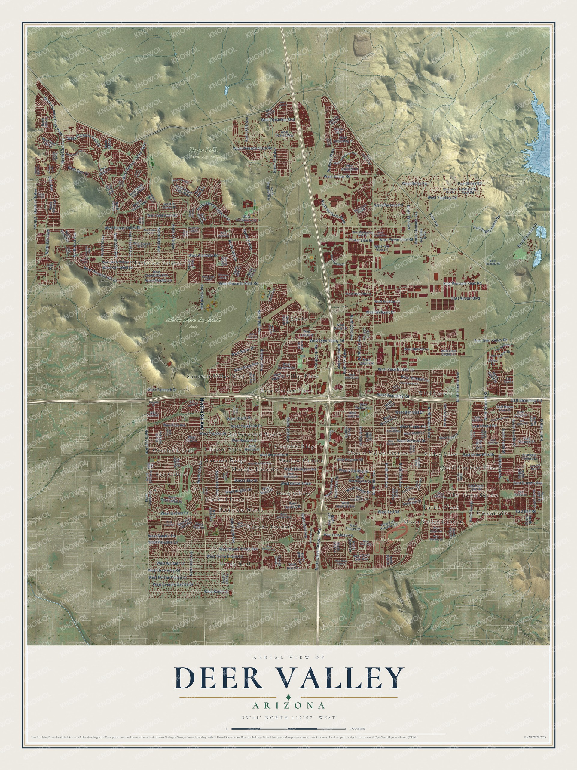 Full map of Deer Valley, Arizona, with red buildings, printed street names and the land around them