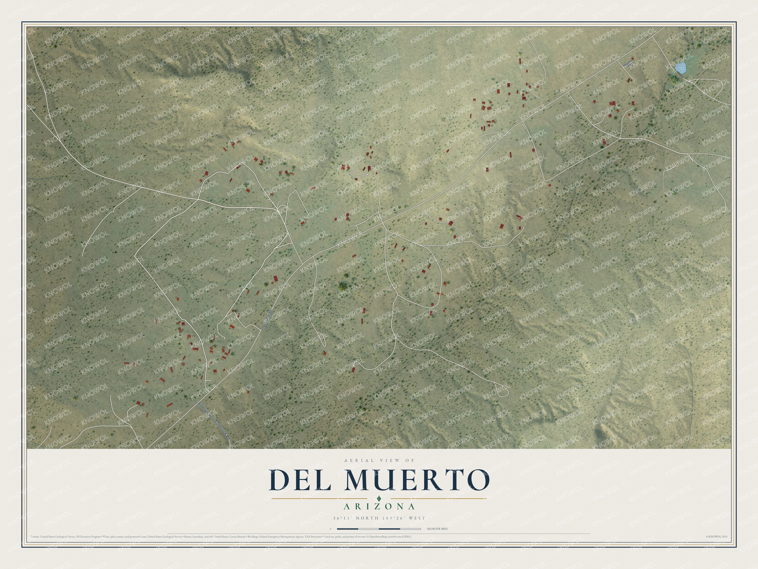 Full map of Del Muerto, Arizona, with red buildings, printed street names and the land around them