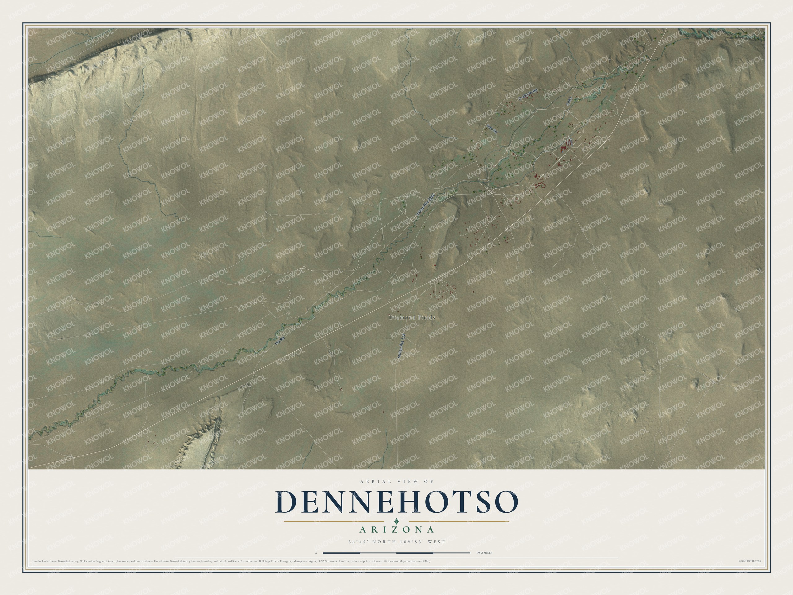 Full map of Dennehotso, Arizona, with red buildings, printed street names and the land around them