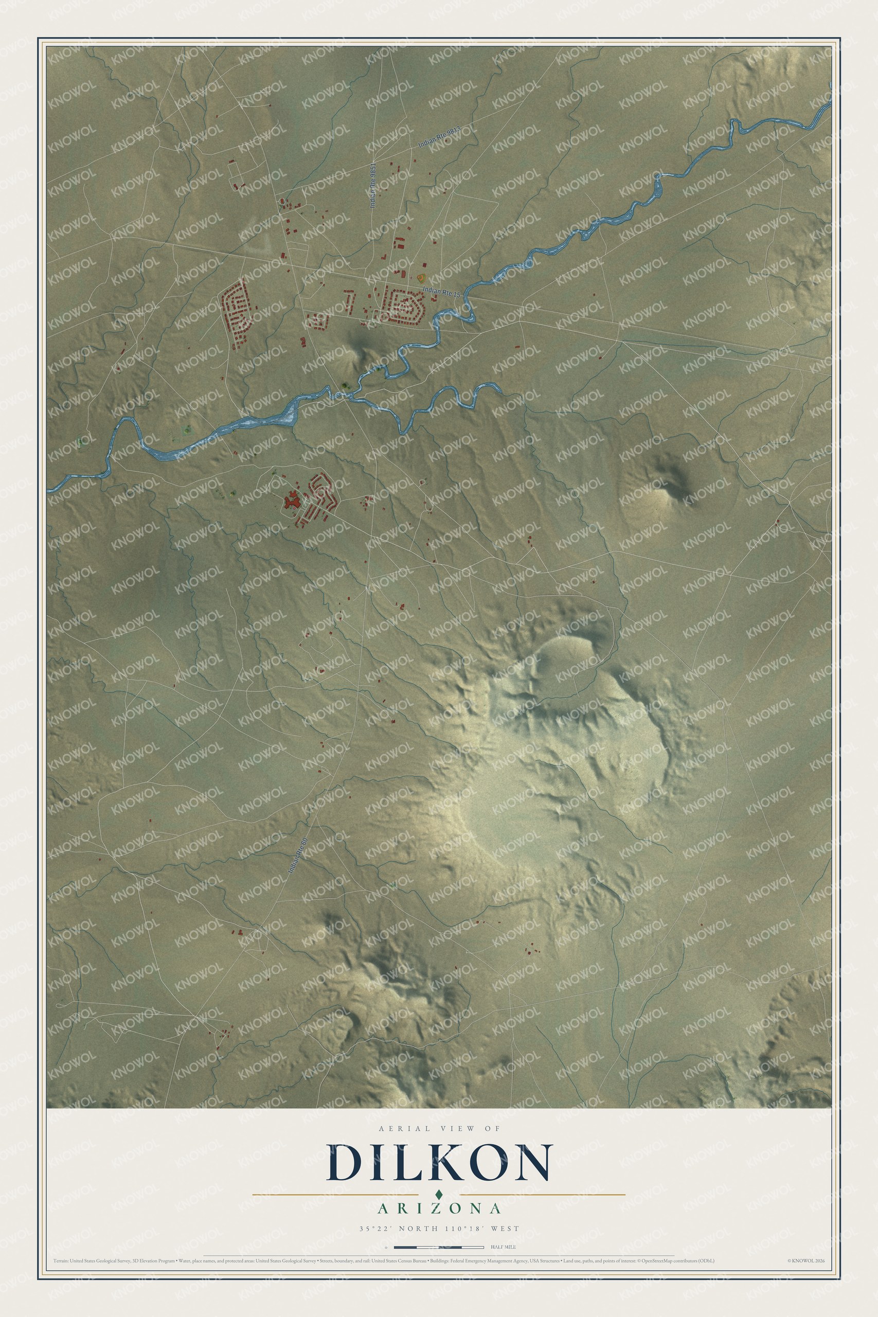 Full map of Dilkon, Arizona, with red buildings, printed street names and the land around them