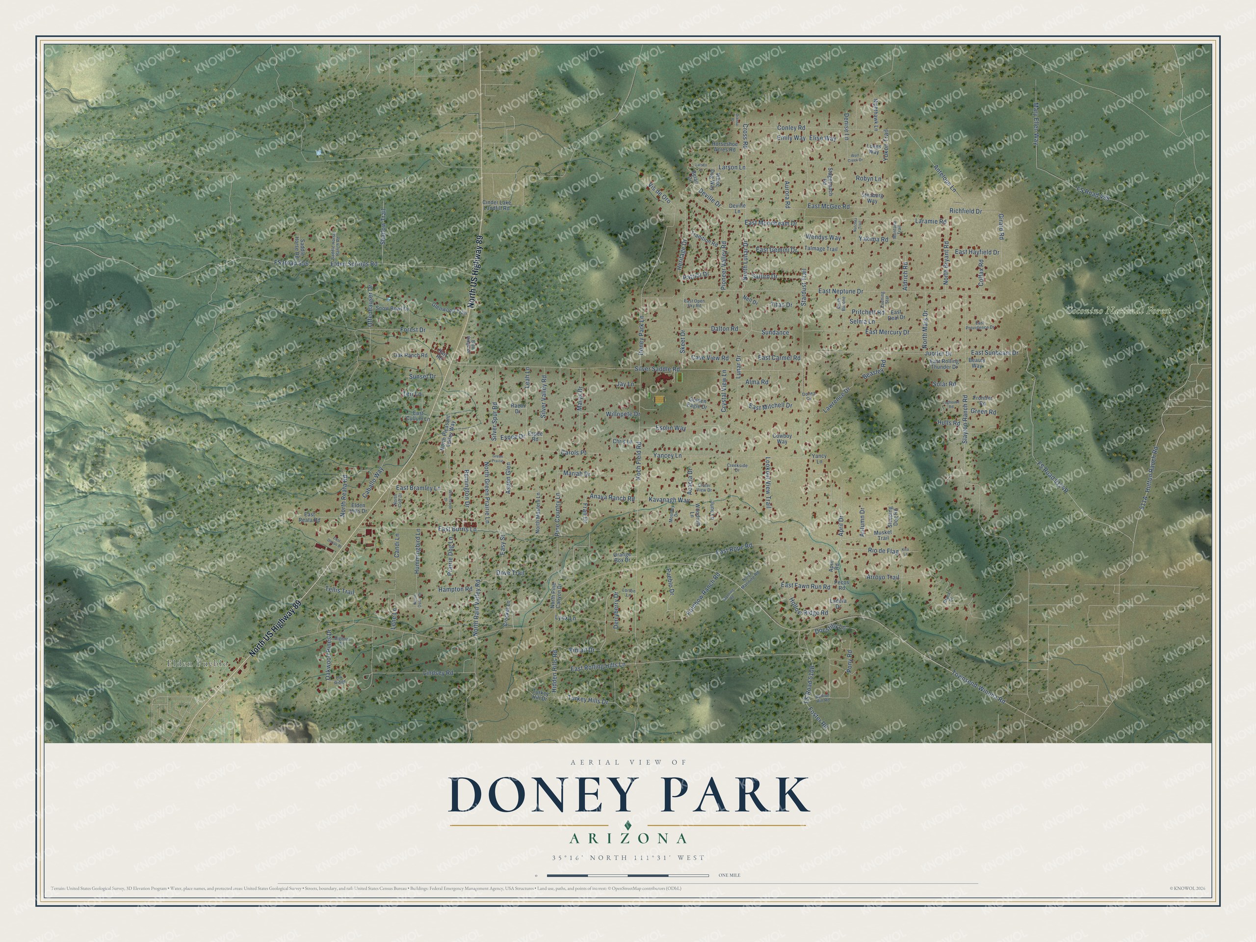 Full map of Doney Park, Arizona, with red buildings, printed street names and the land around them