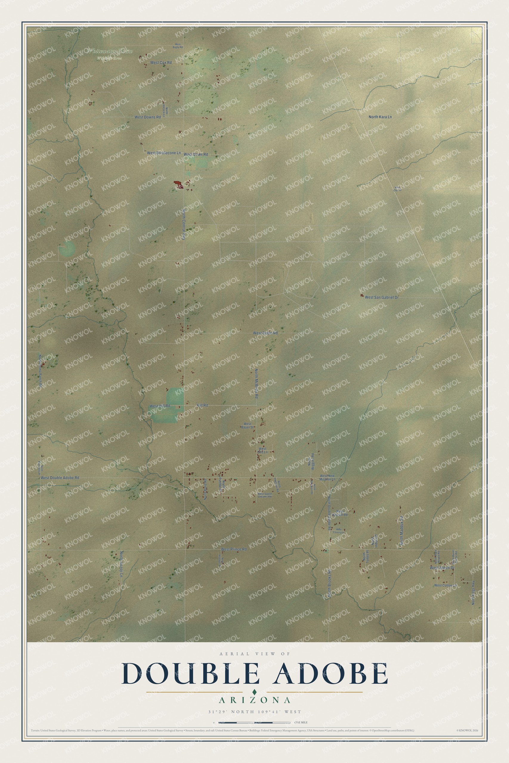 Full map of Double Adobe, Arizona, with red buildings, printed street names and the land around them