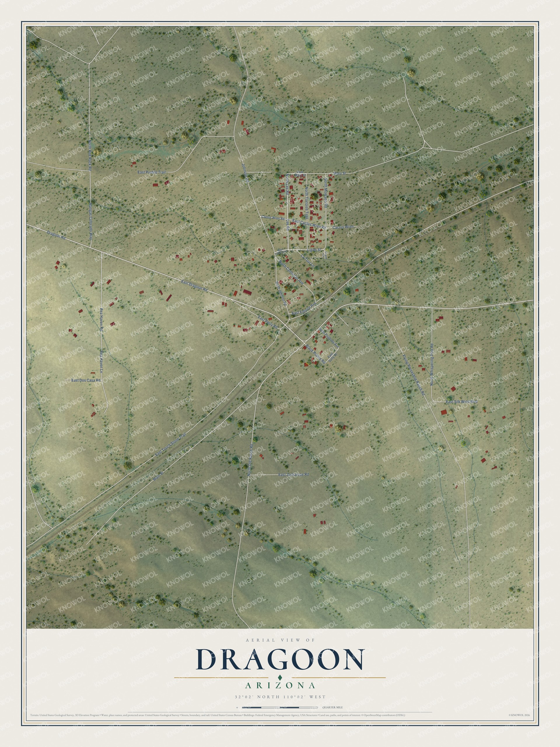Full map of Dragoon, Arizona, with red buildings, printed street names and the land around them