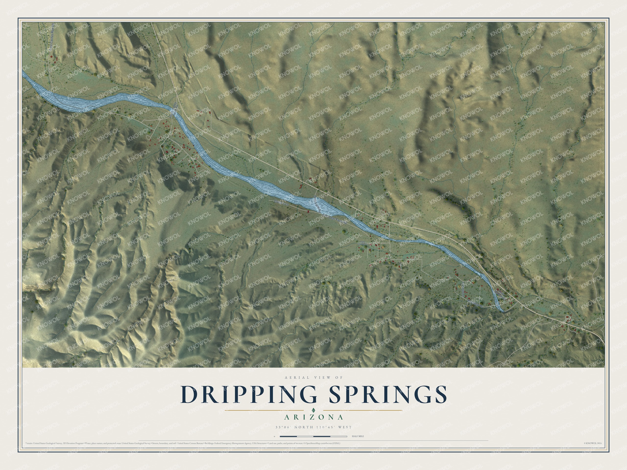Full map of Dripping Springs, Arizona, with red buildings, printed street names and the land around them