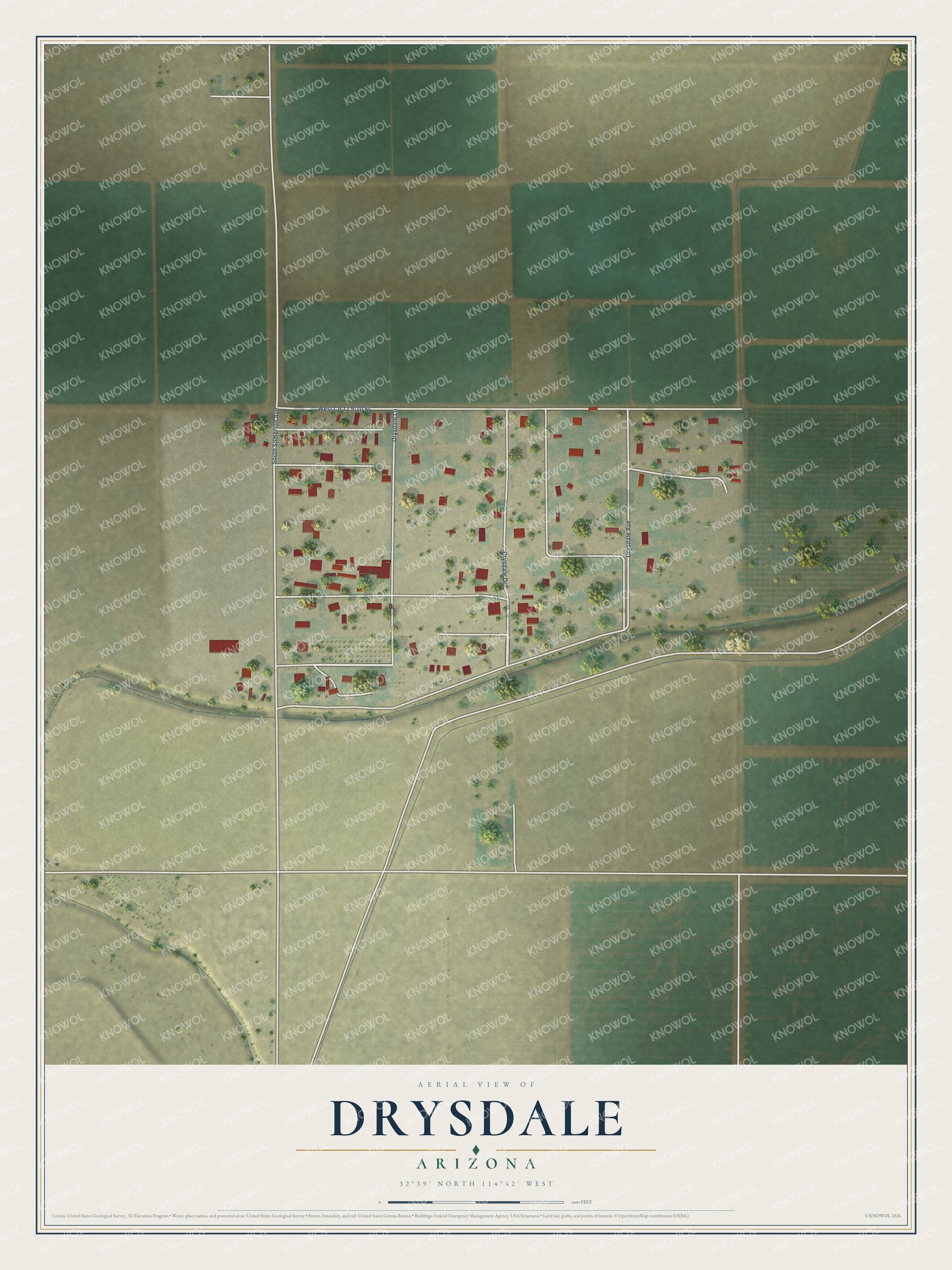 Full map of Drysdale, Arizona, with red buildings, printed street names and the land around them