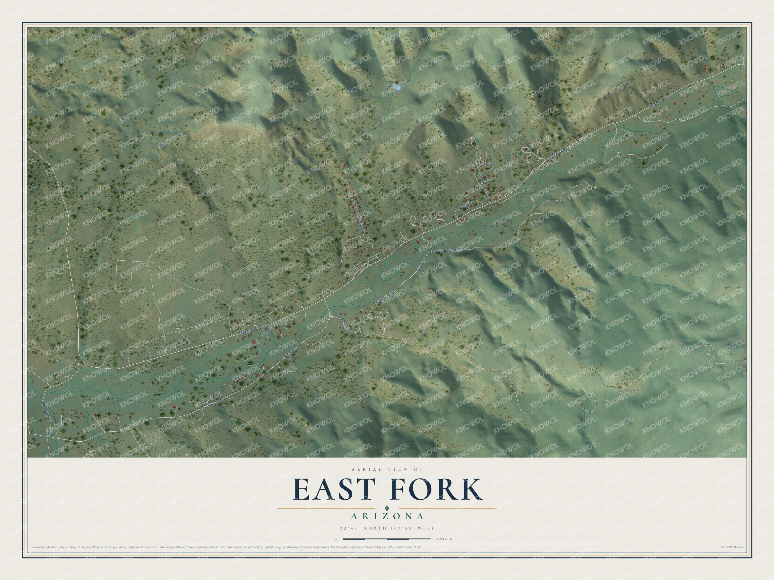 Full map of East Fork, Arizona, with red buildings, printed street names and the land around them