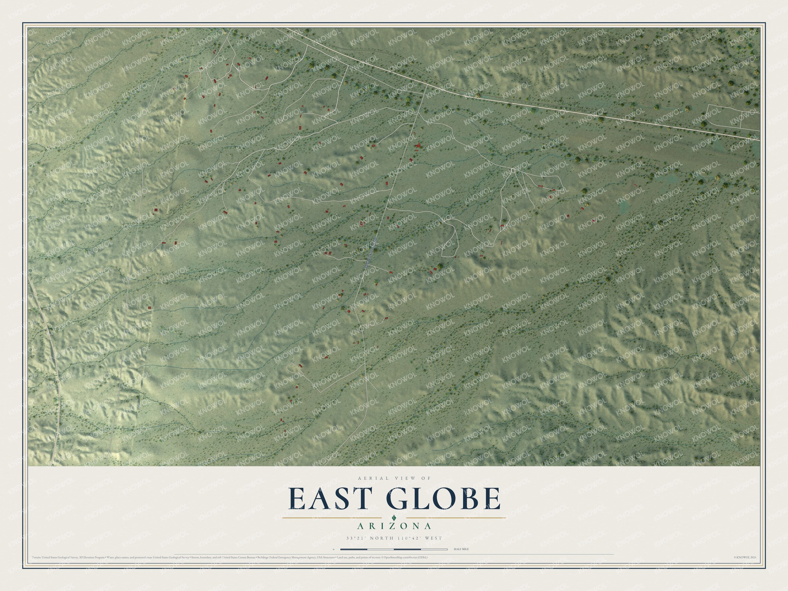 Full map of East Globe, Arizona, with red buildings, printed street names and the land around them