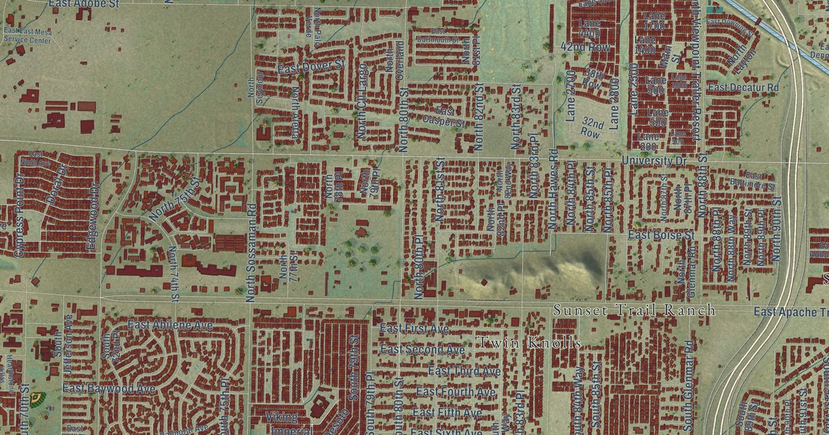 Close-up of streets and buildings in East Mesa, Arizona