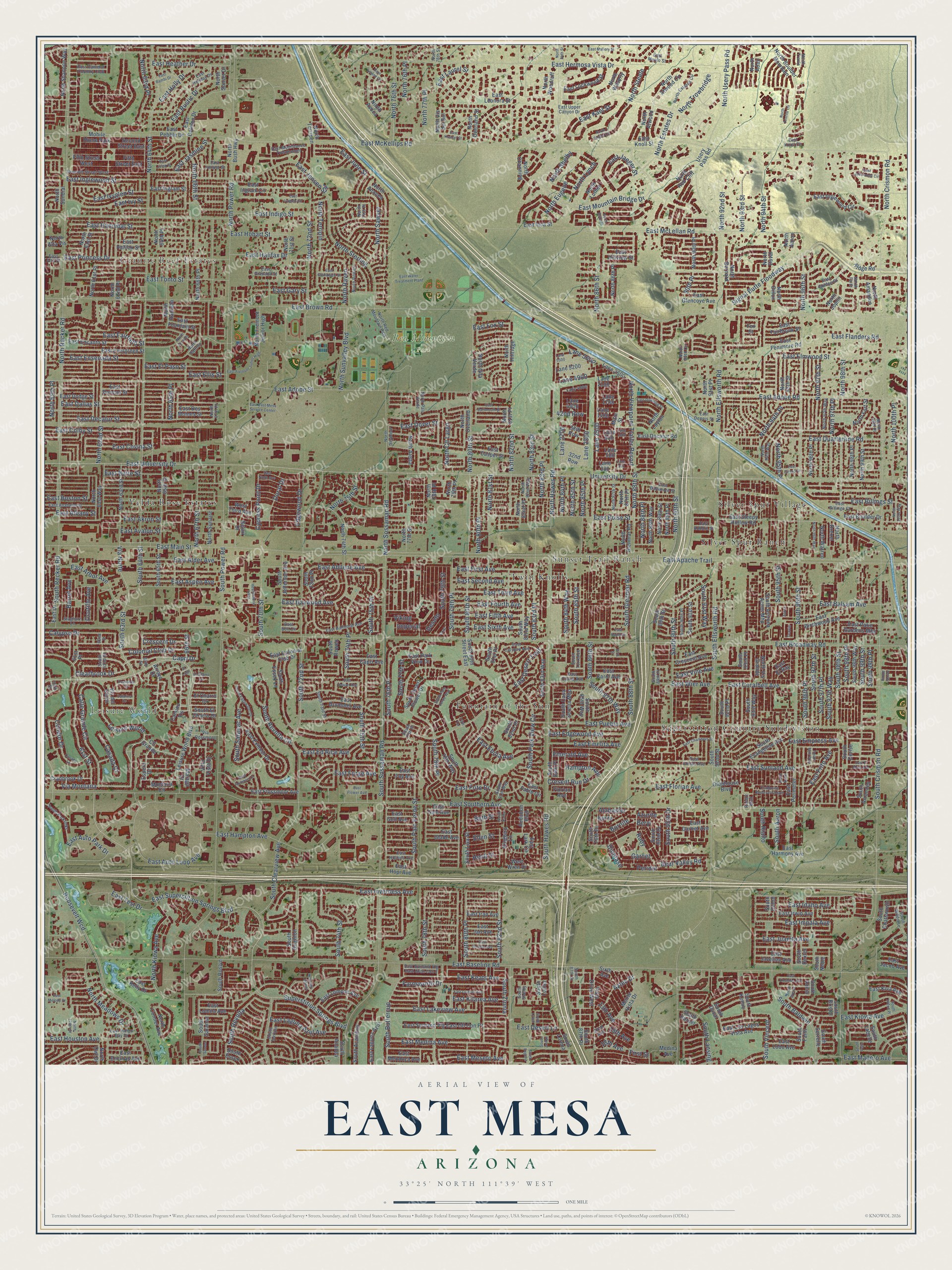 Full map of East Mesa, Arizona, with red buildings, printed street names and the land around them