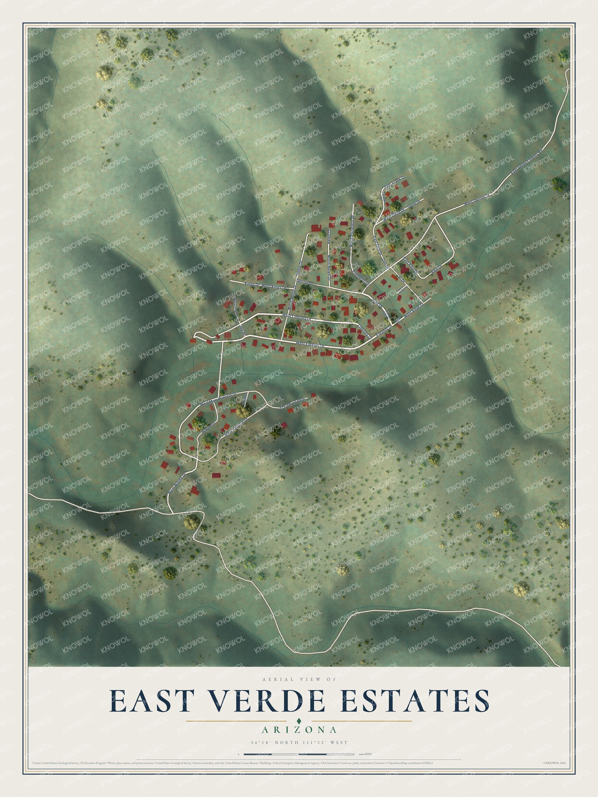 Full map of East Verde Estates, Arizona, with red buildings, printed street names and the land around them