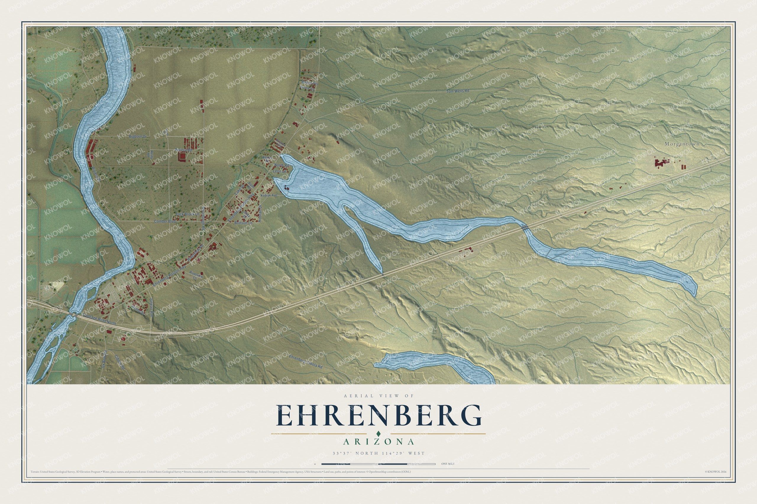Full map of Ehrenberg, Arizona, with red buildings, printed street names and the land around them
