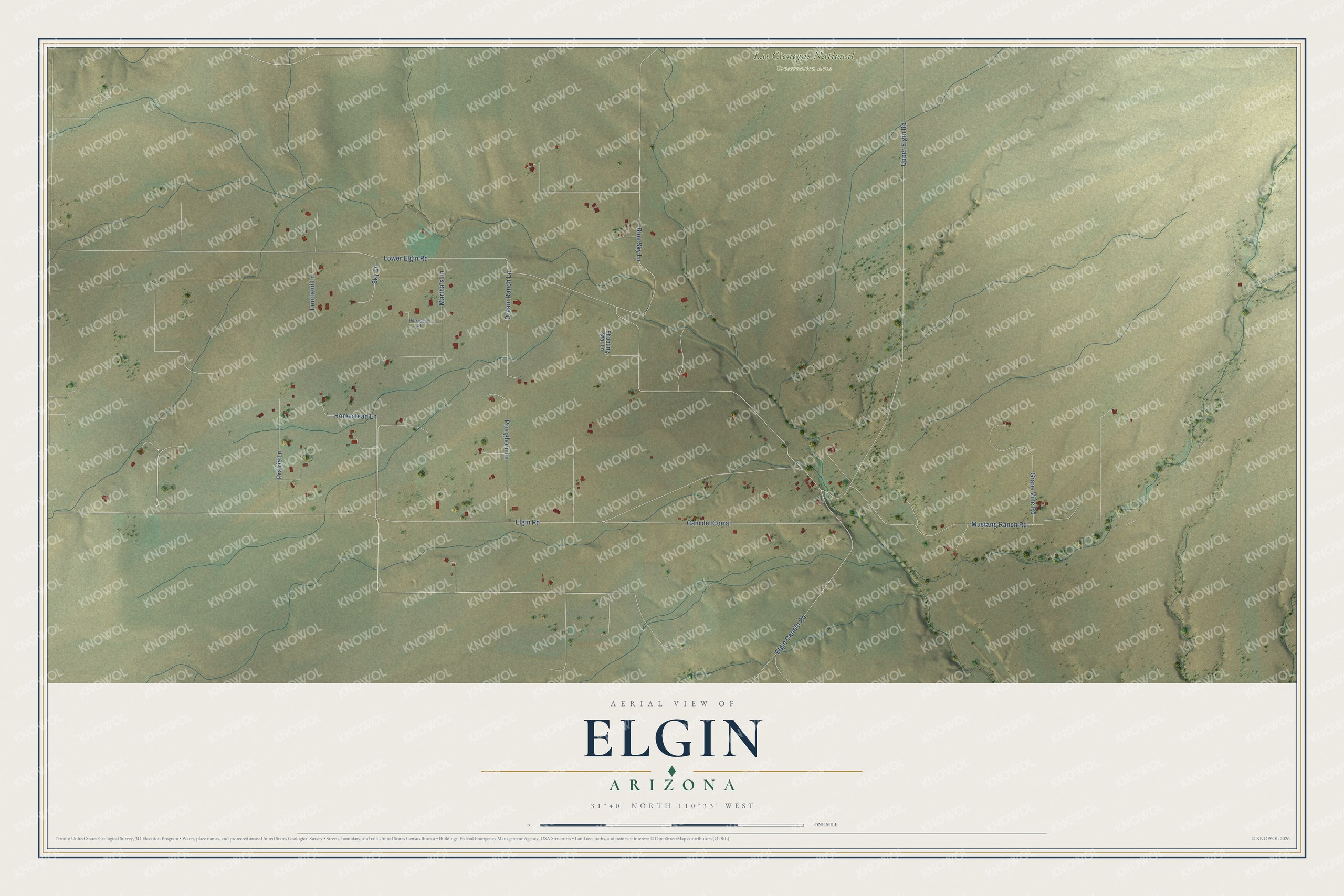Full map of Elgin, Arizona, with red buildings, printed street names and the land around them