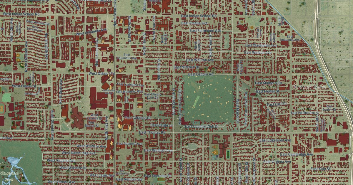 Close-up of streets and buildings in Encanto, Arizona