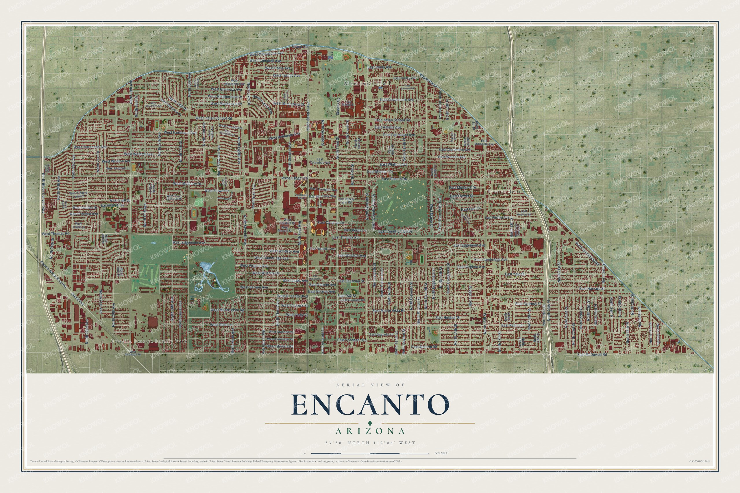 Full map of Encanto, Arizona, with red buildings, printed street names and the land around them