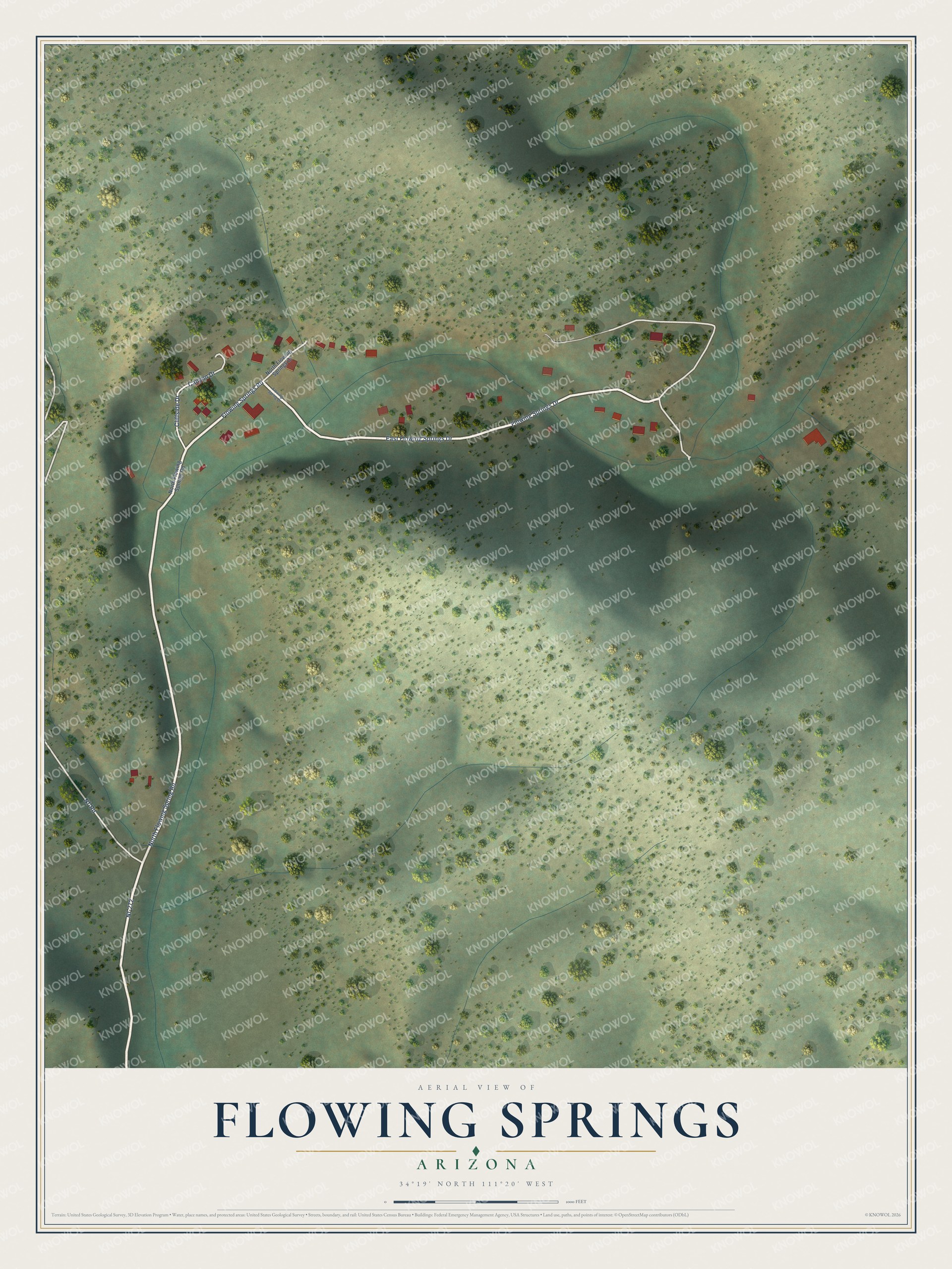 Full map of Flowing Springs, Arizona, with red buildings, printed street names and the land around them