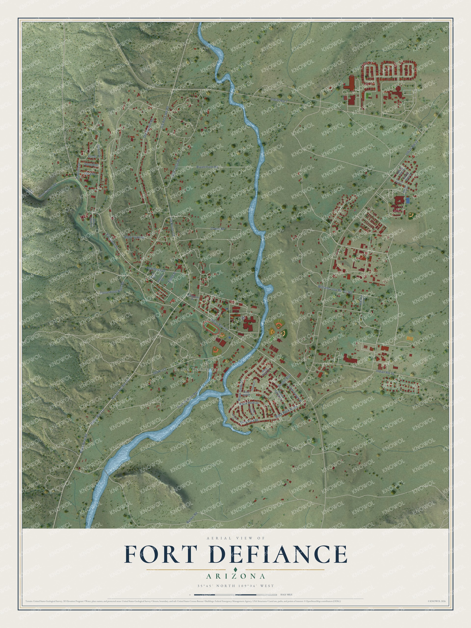 Full map of Fort Defiance, Arizona, with red buildings, printed street names and the land around them