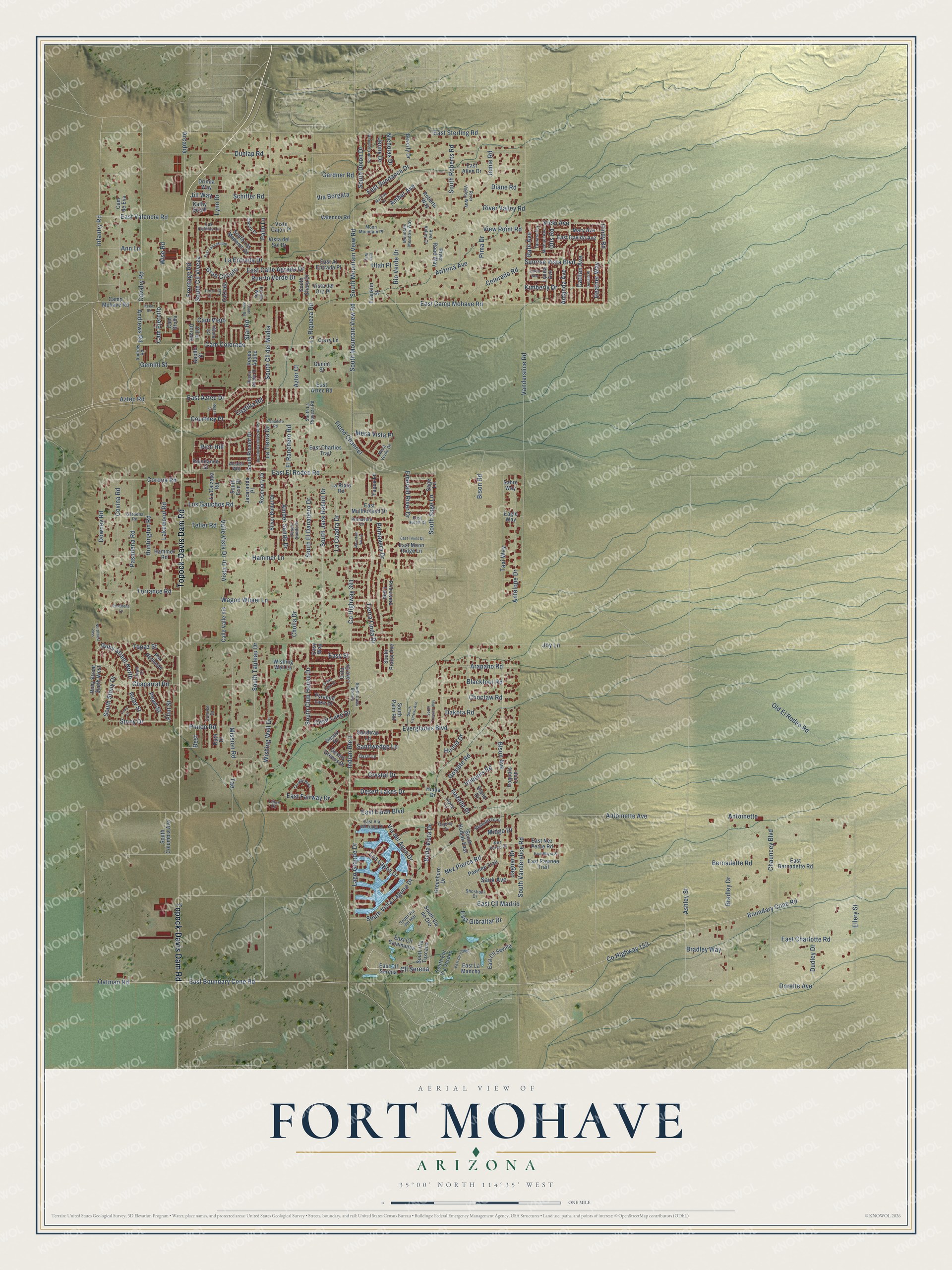Full map of Fort Mohave, Arizona, with red buildings, printed street names and the land around them
