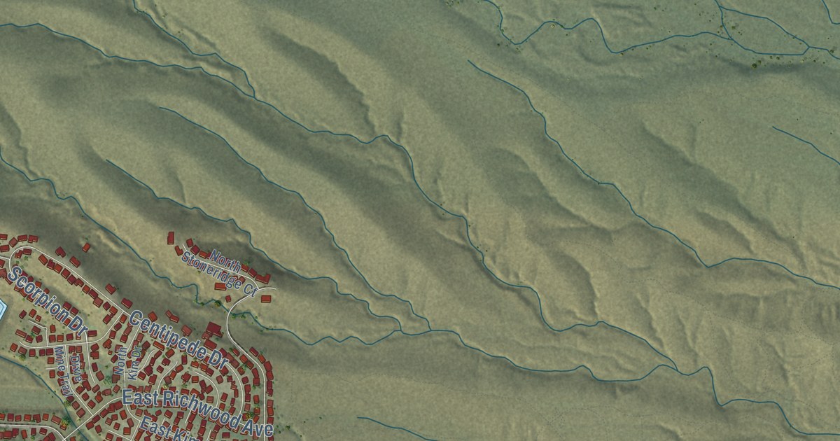 Close-up of streets and buildings in Fountain Hills, Arizona