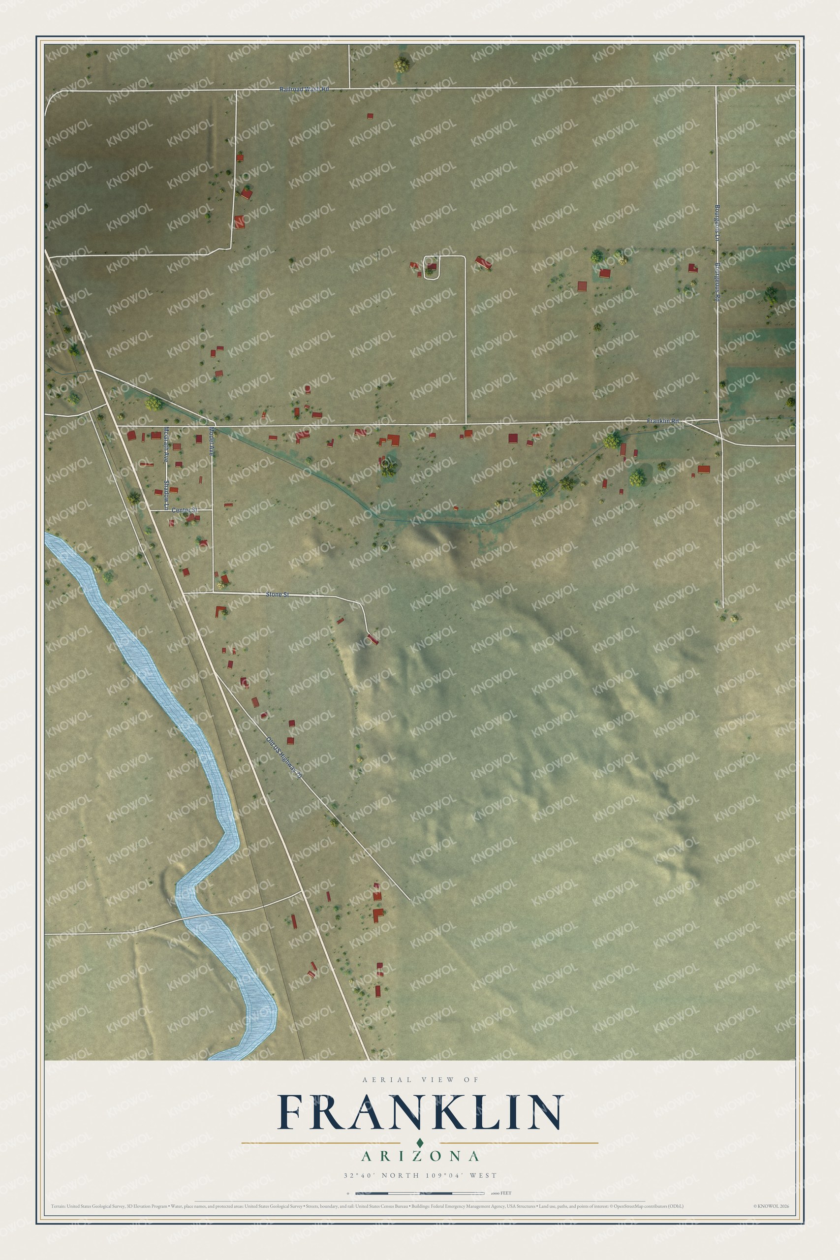 Full map of Franklin, Arizona, with red buildings, printed street names and the land around them