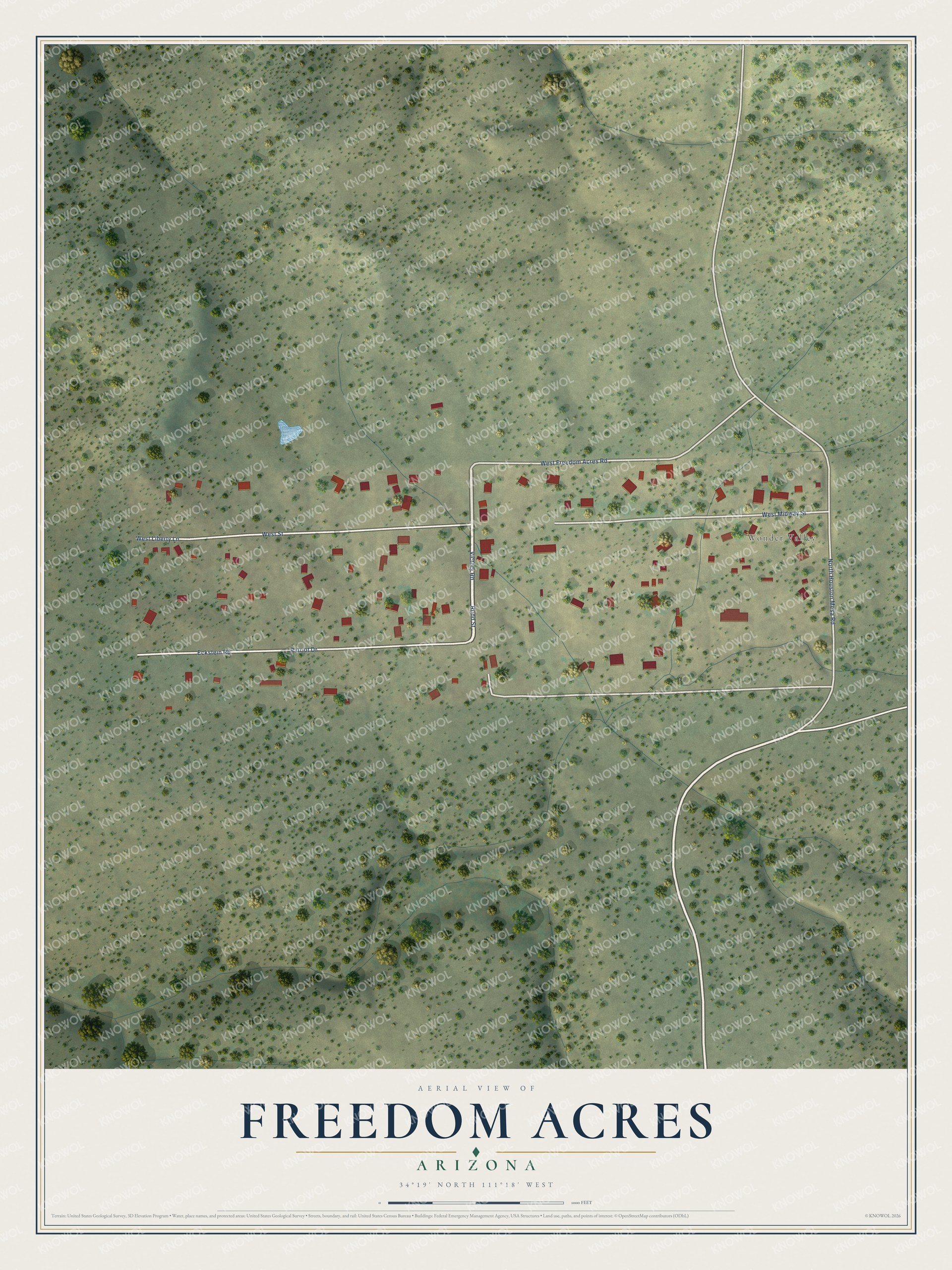 Full map of Freedom Acres, Arizona, with red buildings, printed street names and the land around them