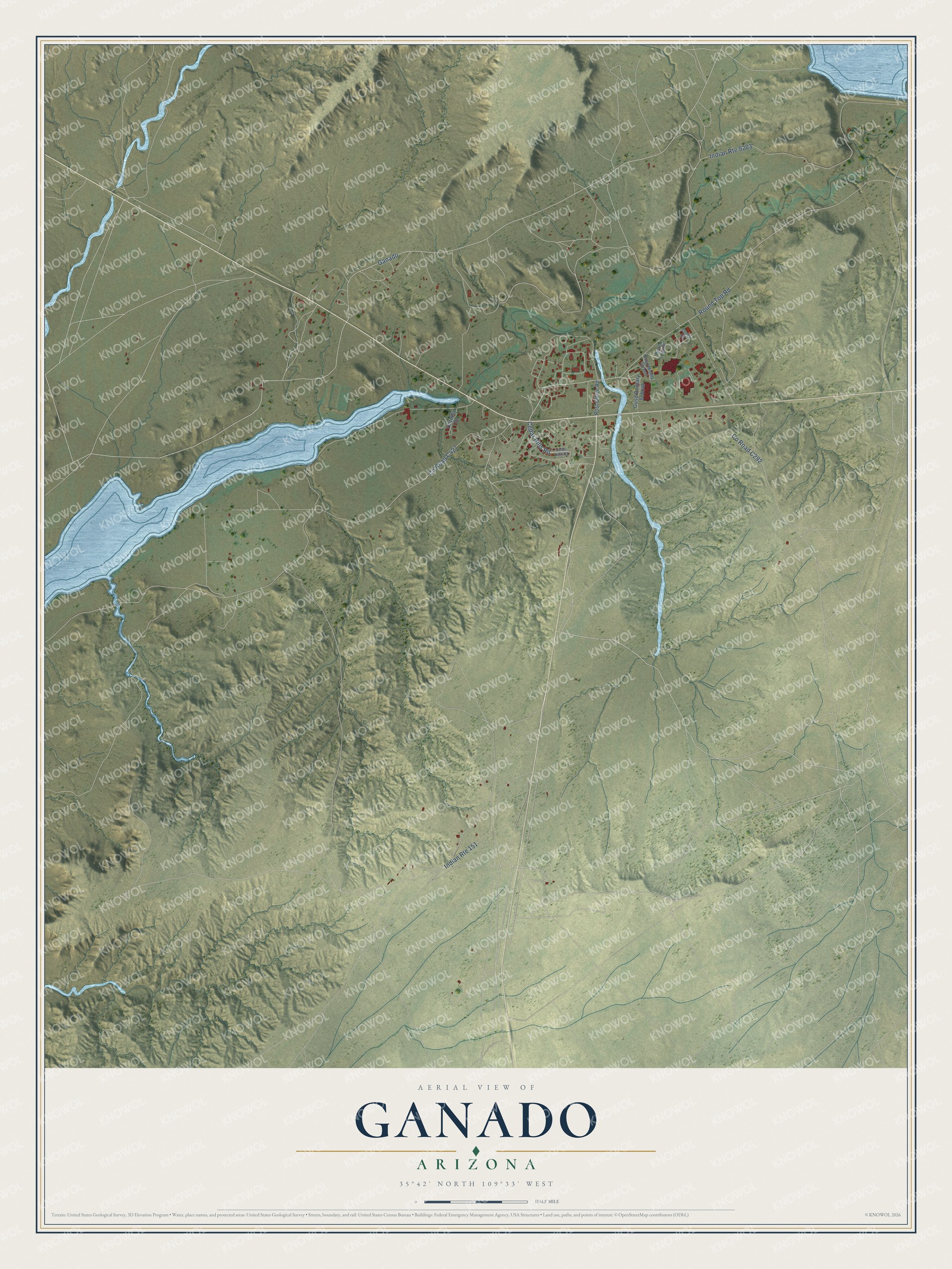 Full map of Ganado, Arizona, with red buildings, printed street names and the land around them