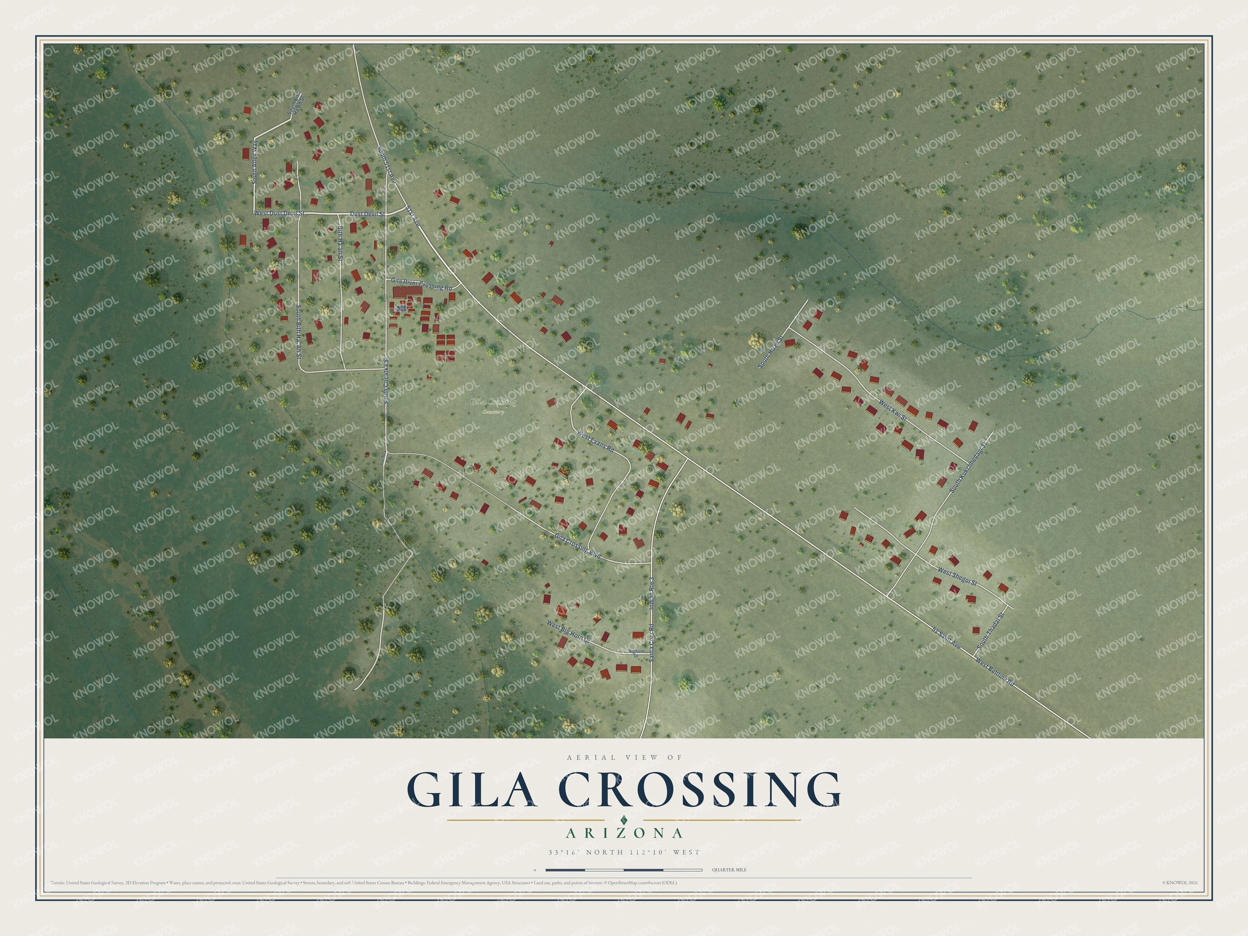 Full map of Gila Crossing, Arizona, with red buildings, printed street names and the land around them