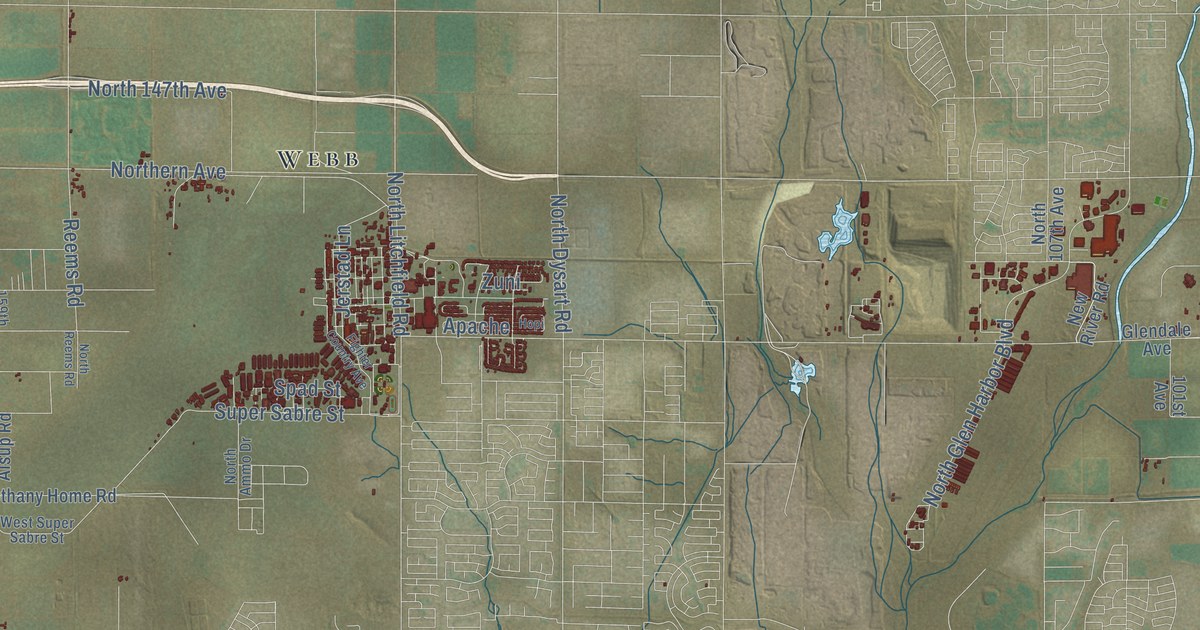 Close-up of streets and buildings in Glendale, Arizona