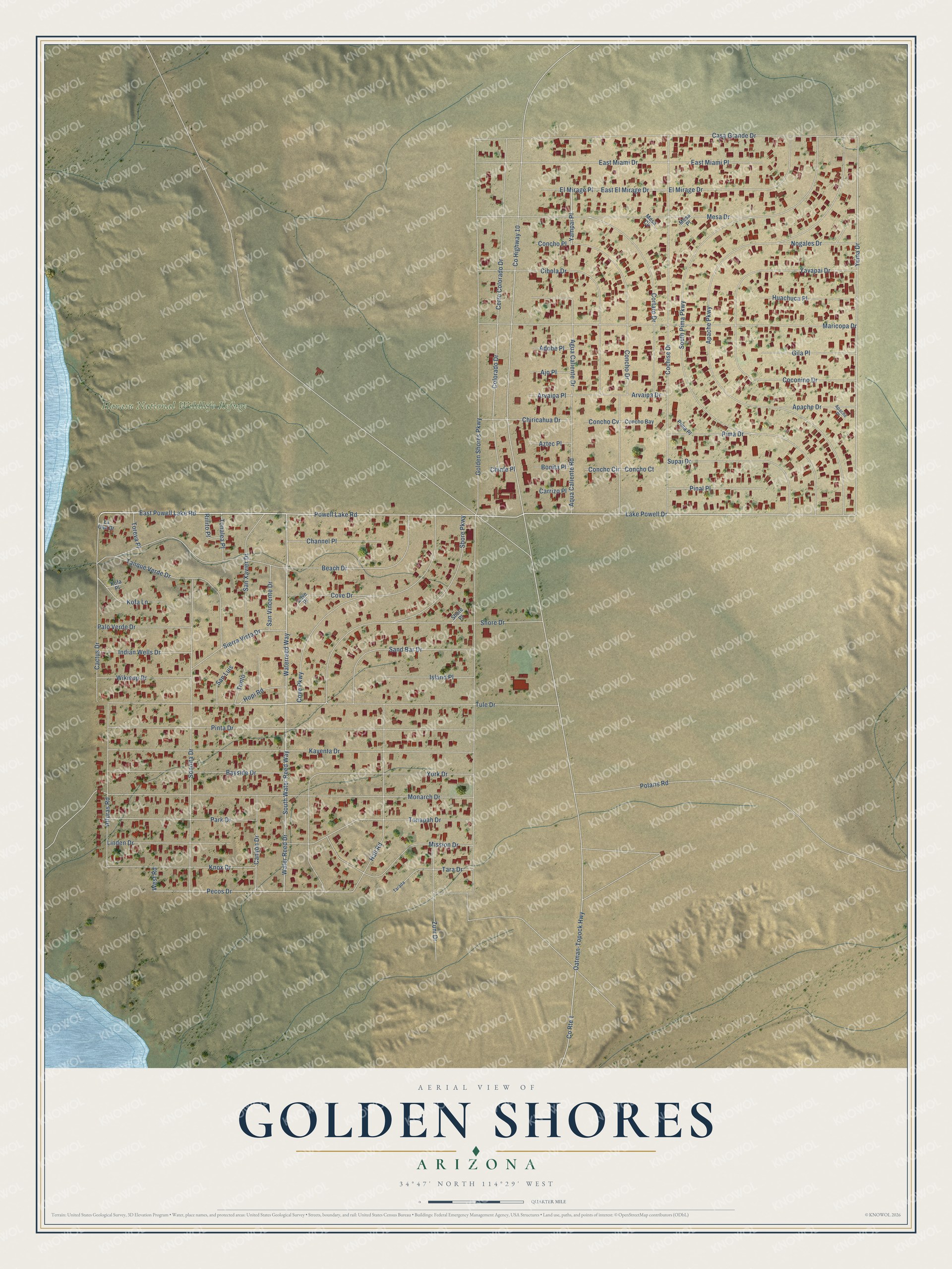 Full map of Golden Shores, Arizona, with red buildings, printed street names and the land around them