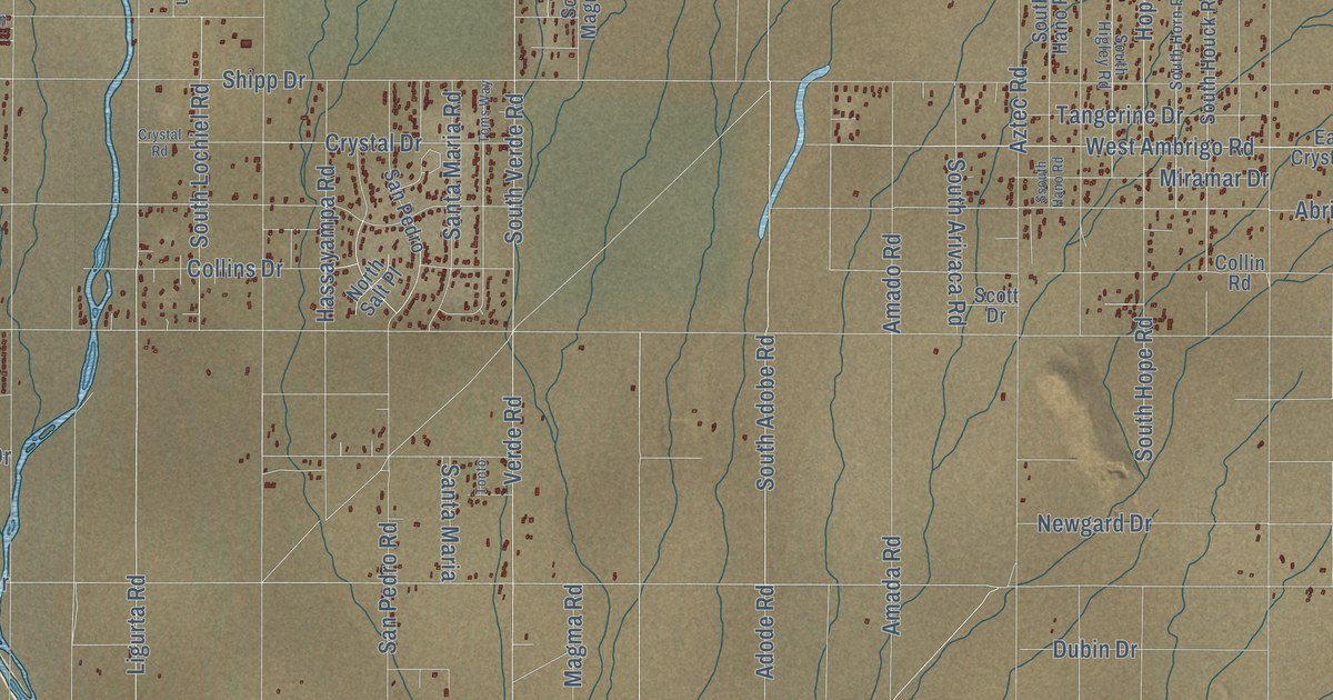 Close-up of streets and buildings in Golden Valley, Arizona
